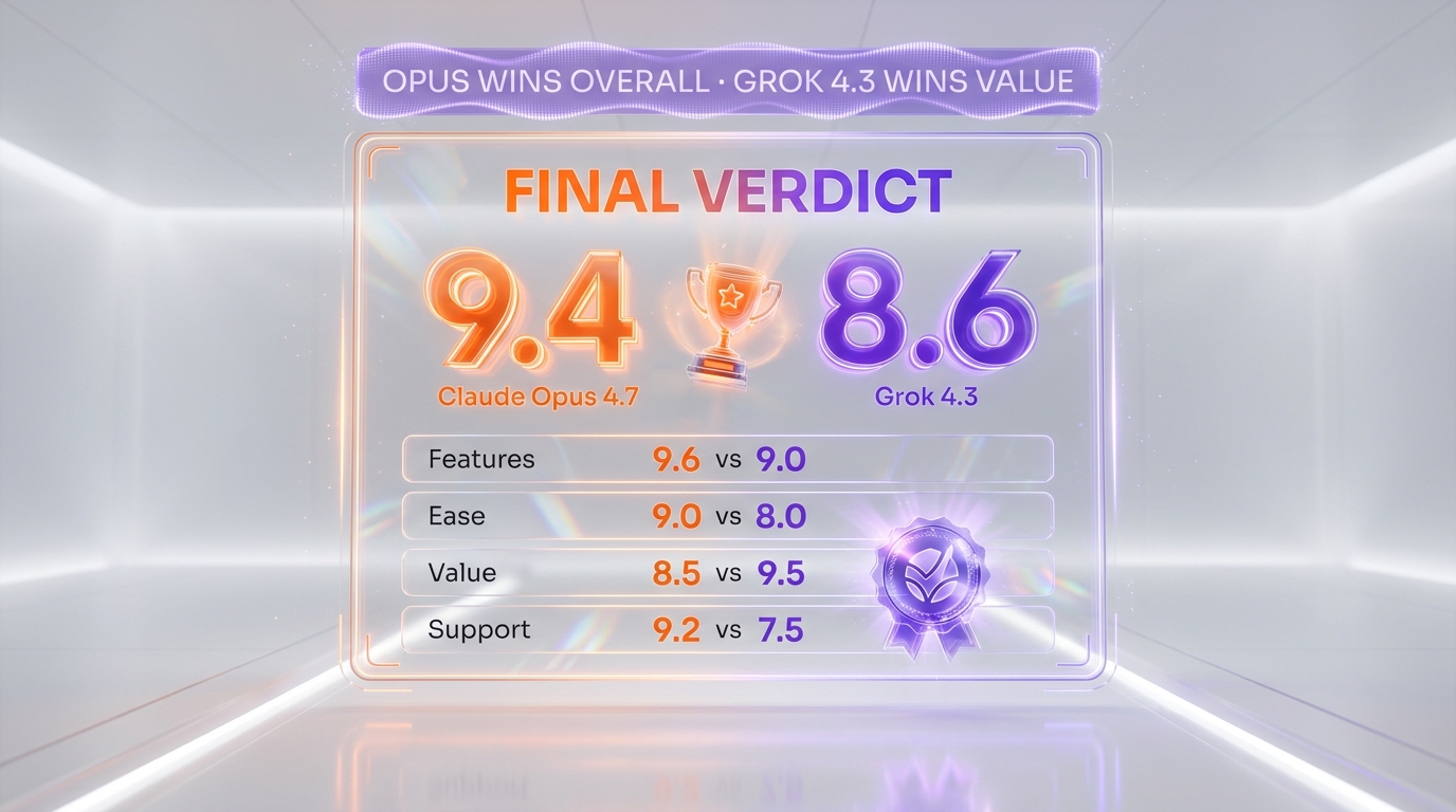 Final verdict — Claude Opus 4.7 wins overall 9.4 versus 8.6 for Grok 4.3, Opus owns agentic coding and enterprise depth, Grok 4.3 wins on price, native video, slide generation, and per-token speed