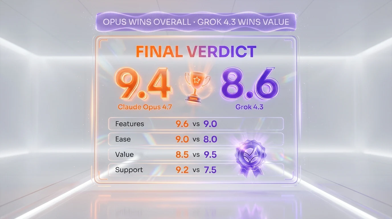 Final verdict — Claude Opus 4.7 wins overall 9.4 versus 8.6 for Grok 4.3, Opus owns agentic coding and enterprise depth, Grok 4.3 wins on price, slide generation, and per-token speed
