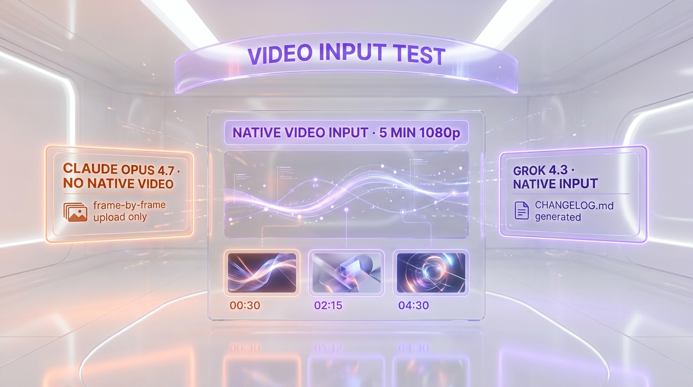 Grok 4.3 native video input test — 5-minute 1080p screen-recording of Supabase migration dashboard analyzed in single API call, with timestamped CHANGELOG output, capability not matched by Claude Opus 4.7