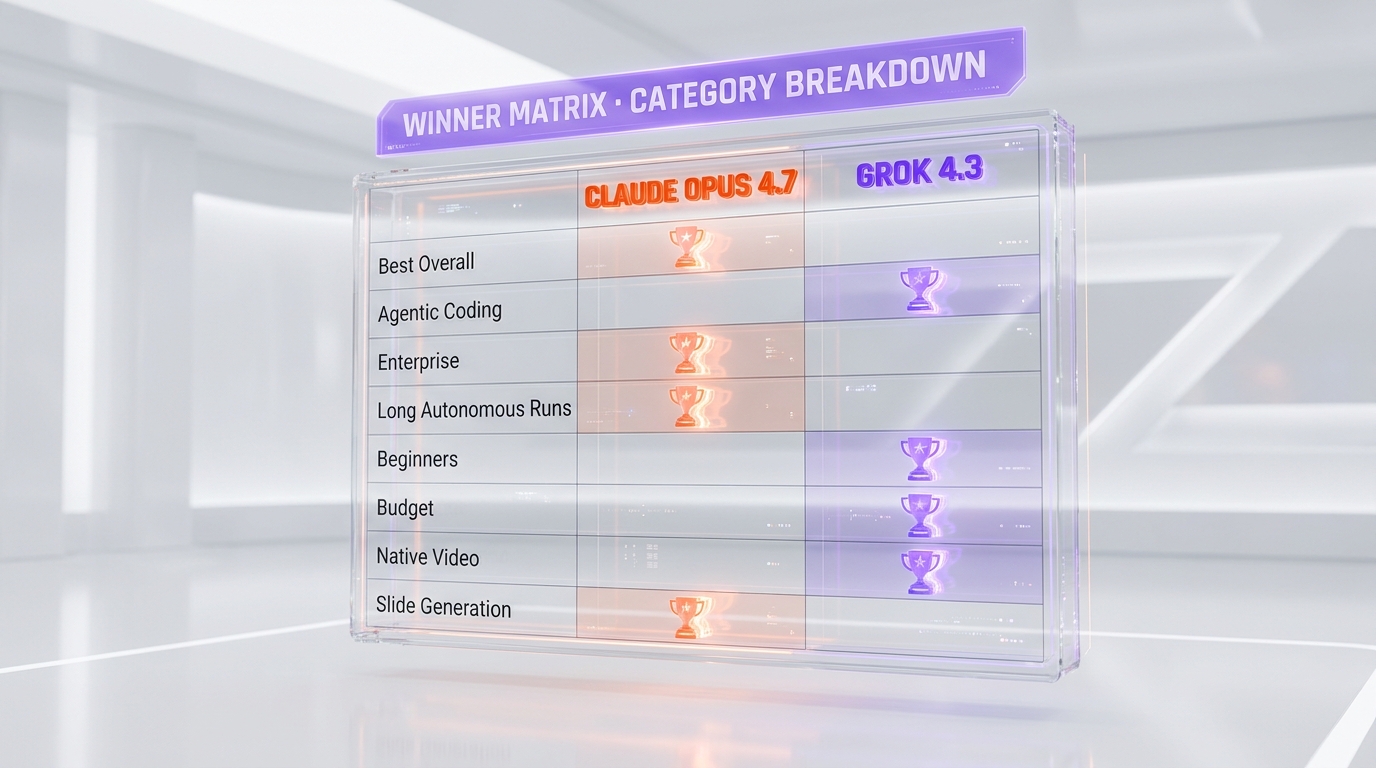 Winner matrix Claude Opus 4.7 vs Grok 4.3 — Opus wins agentic coding, power users, enterprise, max output, and reasoning consistency; Grok wins beginners, budget, native video, slide generation, and per-token speed