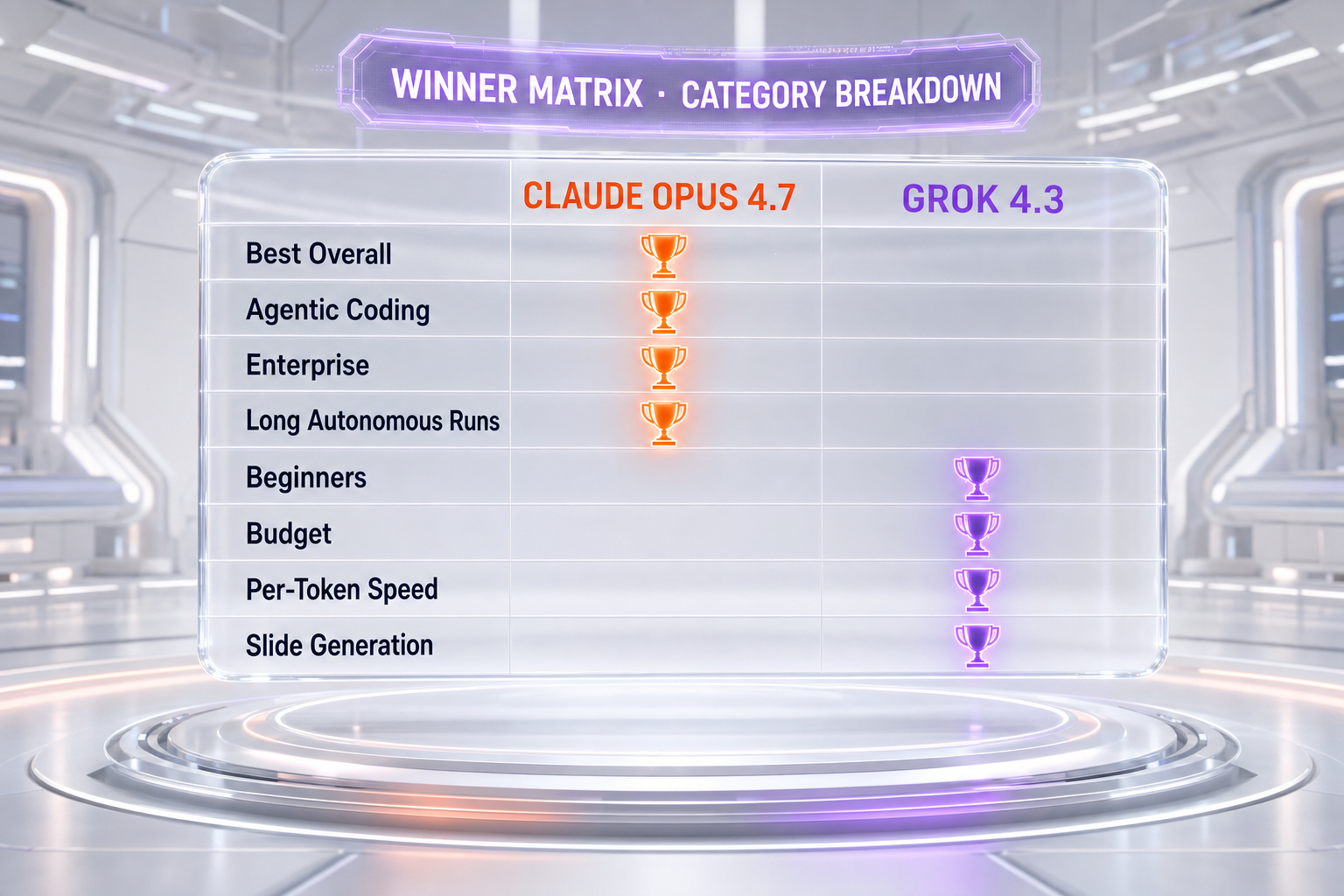 Winner matrix Claude Opus 4.7 vs Grok 4.3 — Opus wins agentic coding, power users, enterprise, max output, and reasoning consistency; Grok wins beginners, budget, slide generation, and per-token speed