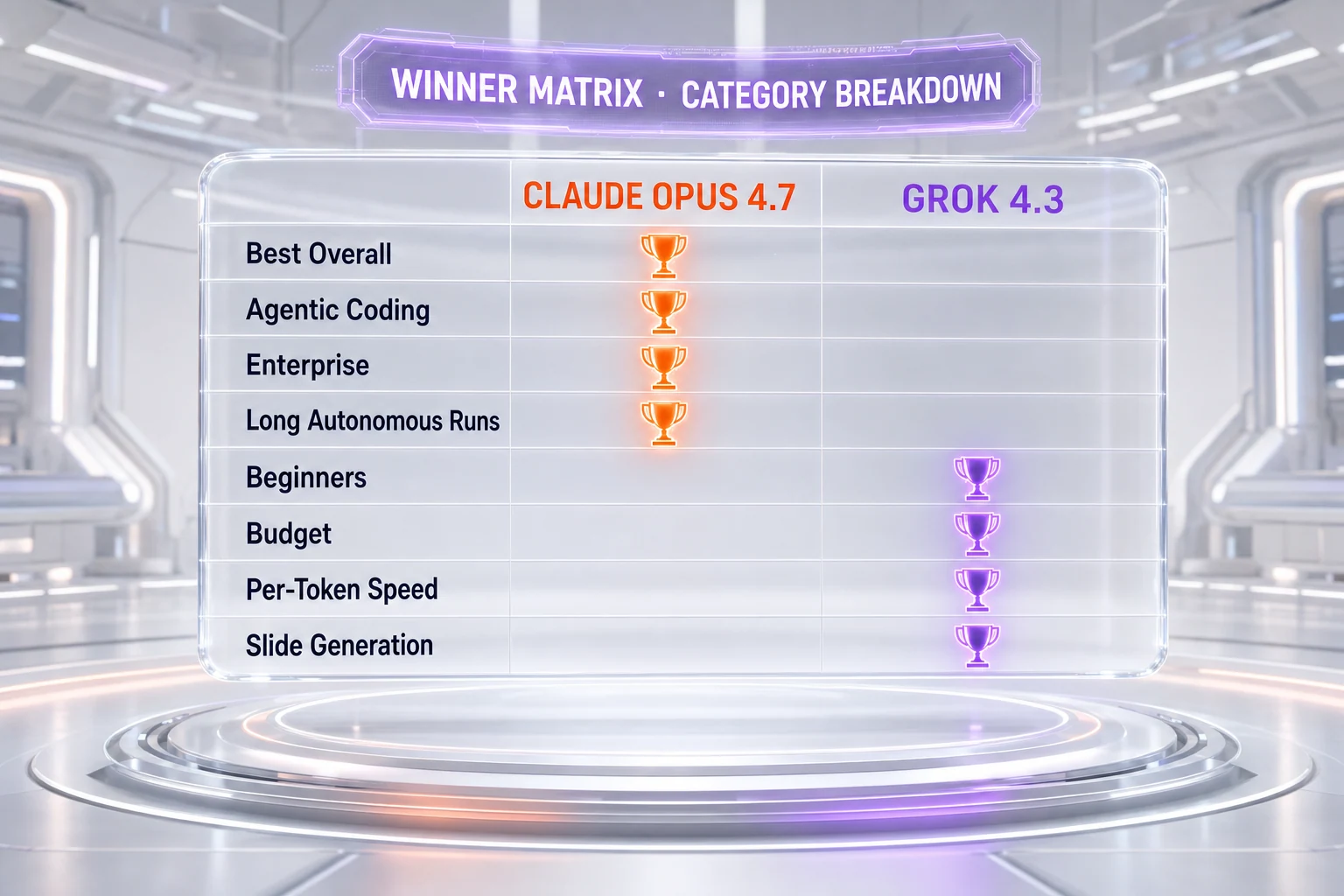 Winner matrix Claude Opus 4.7 vs Grok 4.3 — Opus wins agentic coding, power users, enterprise, max output, and reasoning consistency; Grok wins beginners, budget, slide generation, and per-token speed