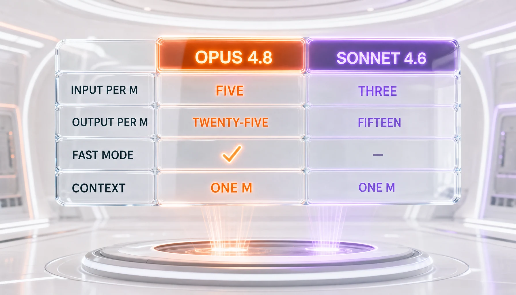 Claude Opus 4.8 vs Claude Sonnet 4.6 — pricing and capability comparison table
