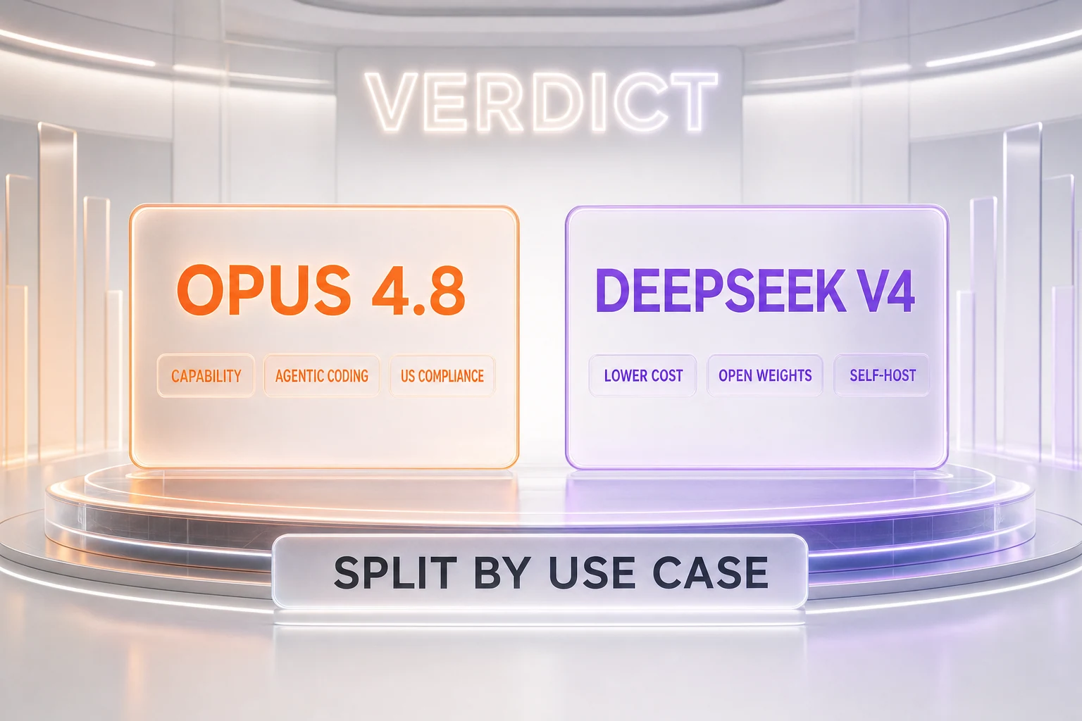 Verdict chart — Claude Opus 4.8 wins capability and compliance, DeepSeek V4 wins cost and open weights, split by use case