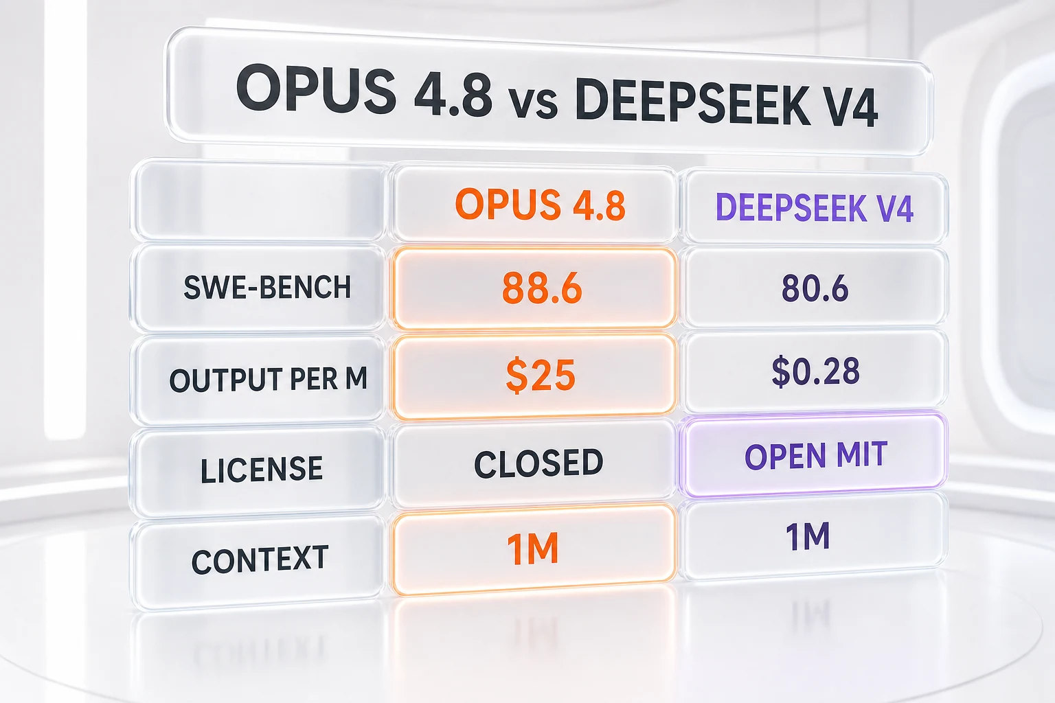 Claude Opus 4.8 vs DeepSeek V4 comparison table — Intelligence Index, SWE-bench Verified, output pricing, license, and context window side-by-side
