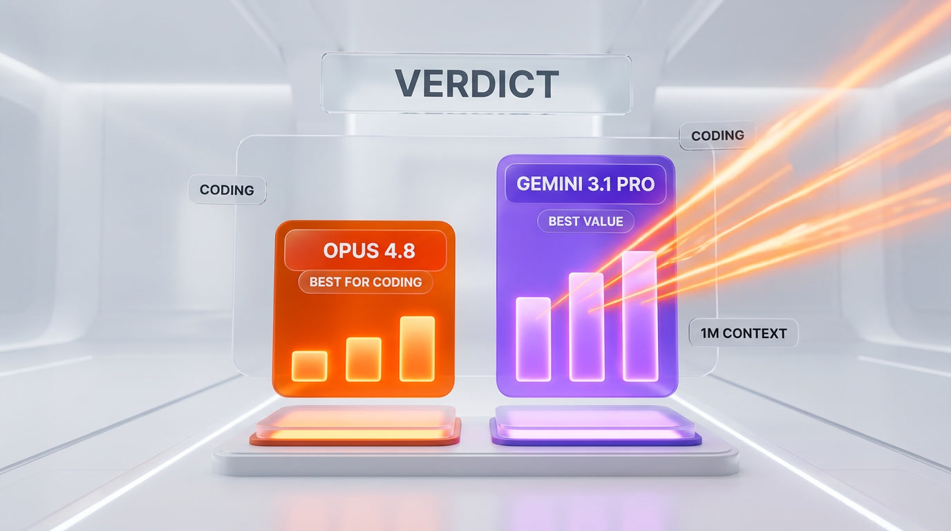 Verdict visualization showing the winning AI model card elevated with category score bars