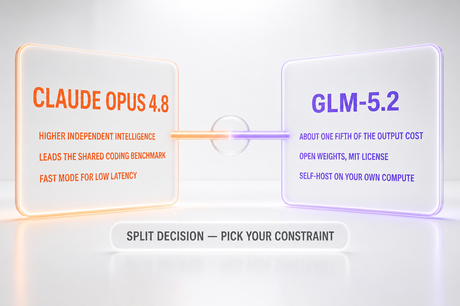 Claude Opus 4.8 vs GLM-5.2 verdict — a split decision: Opus 4.8 leads on independent intelligence at 56 versus 51, GLM-5.2 leads on price and MIT open weights