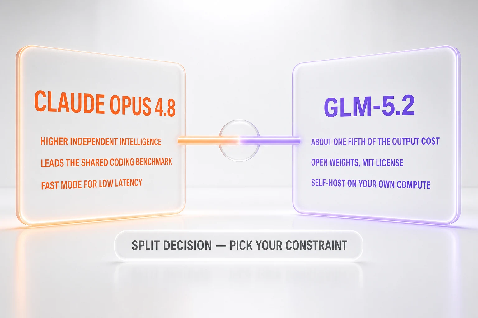 Claude Opus 4.8 vs GLM-5.2 verdict — a split decision: Opus 4.8 leads on independent intelligence at 56 versus 51, GLM-5.2 leads on price and MIT open weights