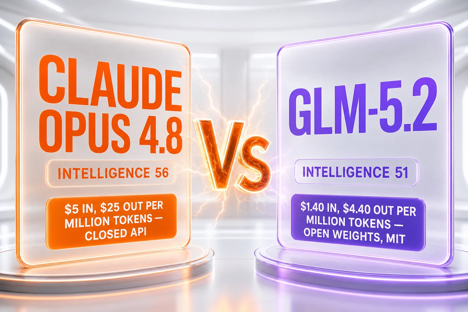 Claude Opus 4.8 vs GLM-5.2 — 56 vs 51 on the Artificial Analysis Intelligence Index, $25 vs $4.40 per million output tokens, closed flagship versus MIT open weights