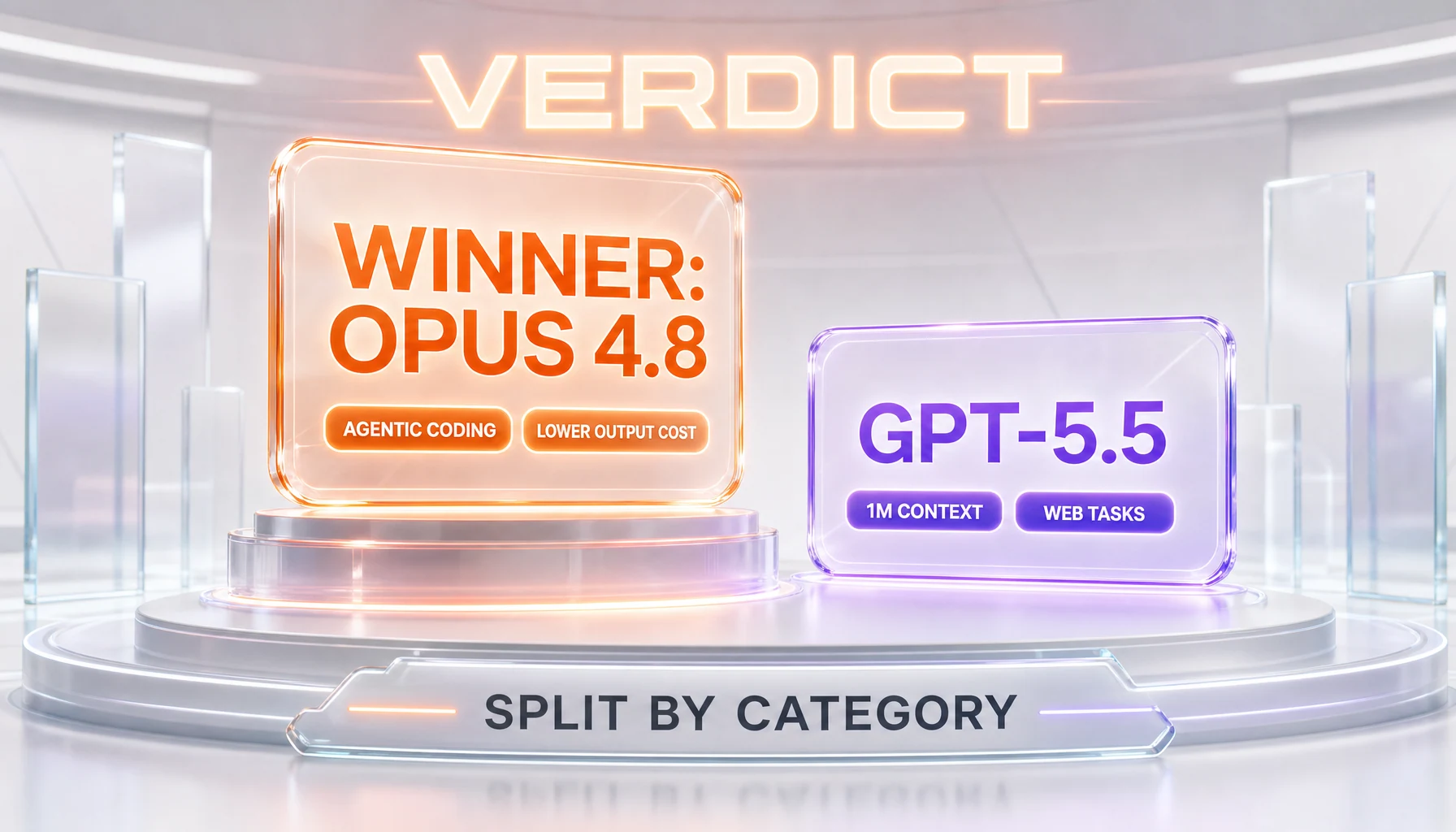Verdict chart — Claude Opus 4.8 wins agentic coding and output cost, GPT-5.5 wins declared context and web tasks, with category bars