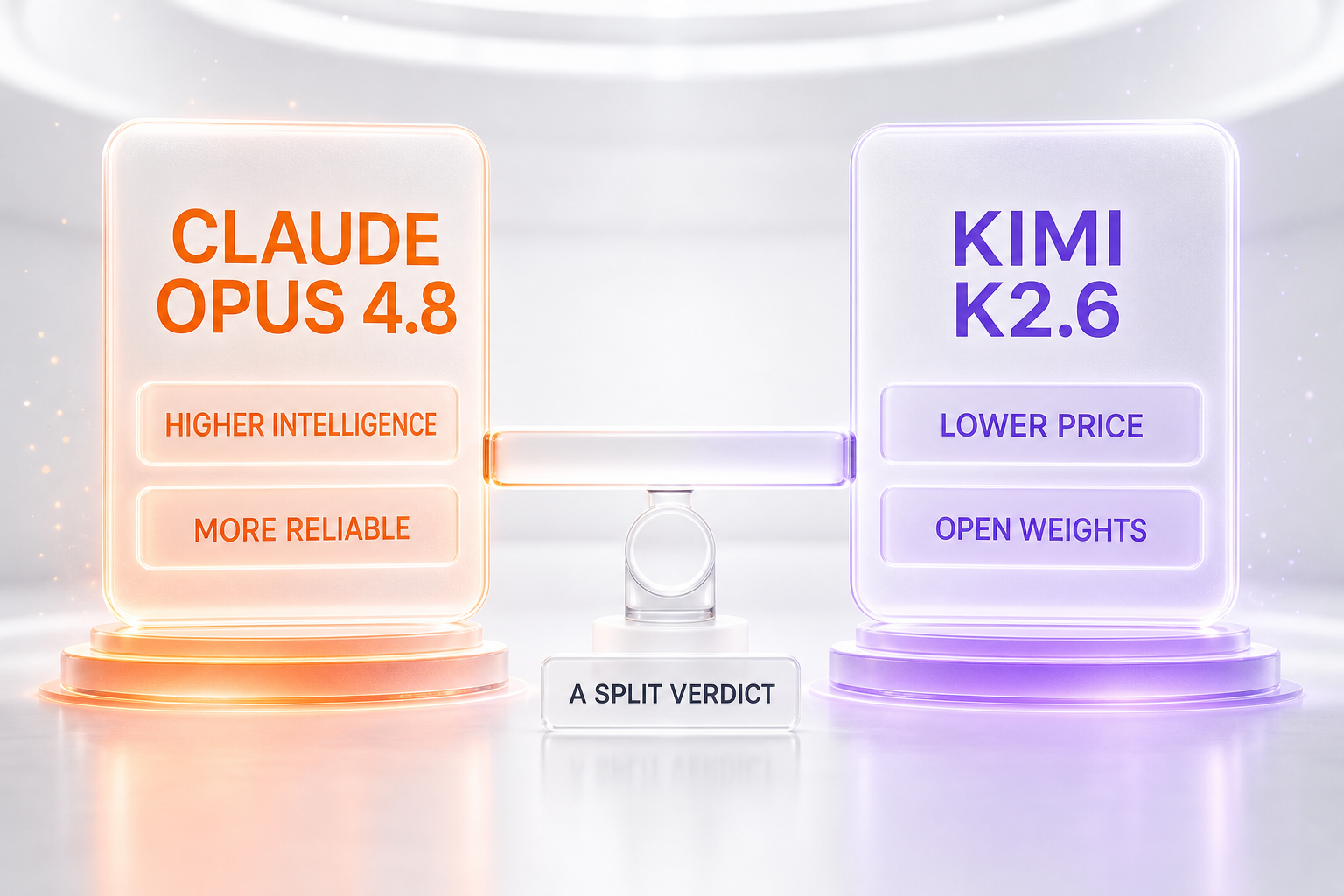 Verdict visualization — Claude Opus 4.8 wins on intelligence and reliability, Kimi K2.6 wins on price and open weights, a balanced split