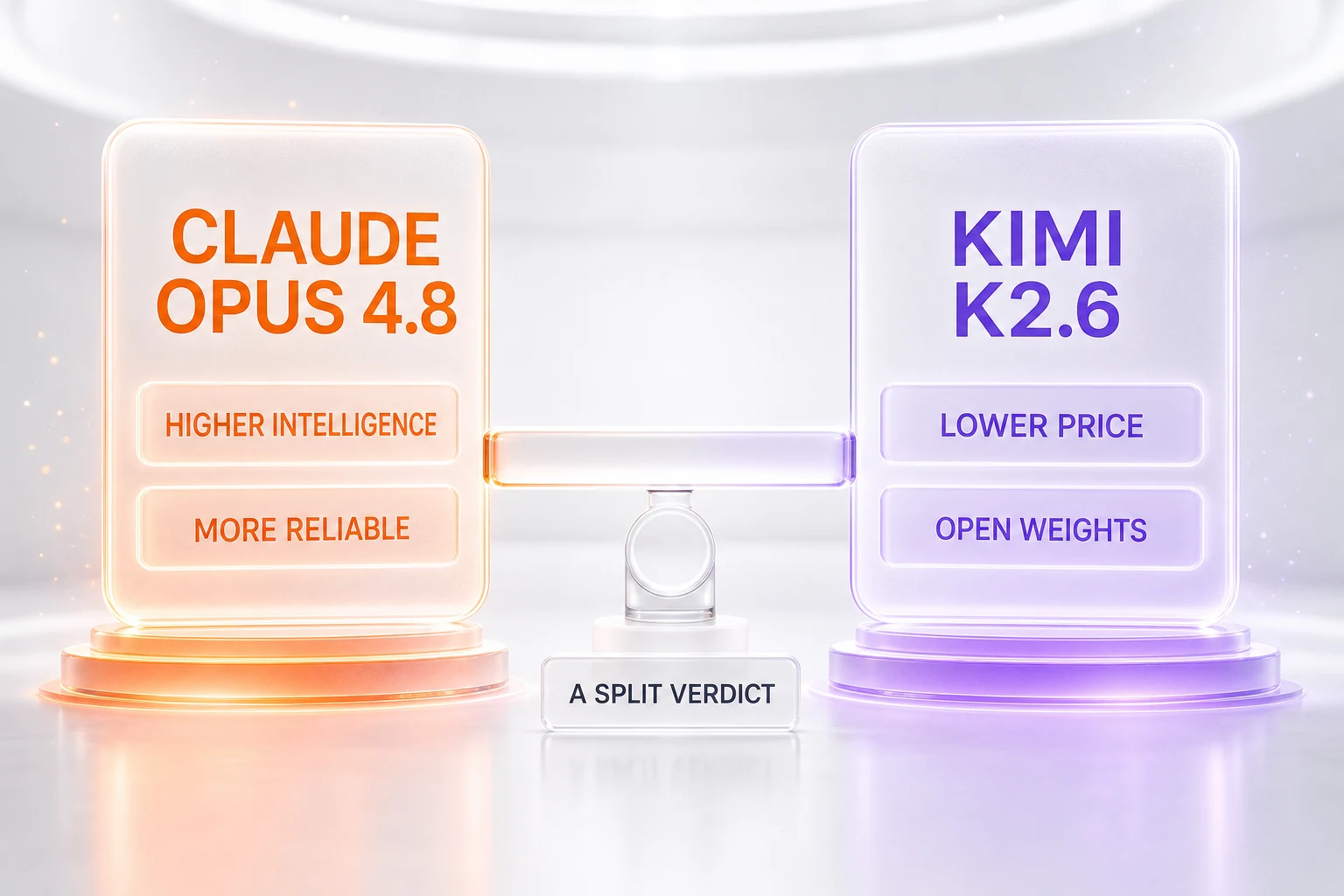 Verdict visualization — Claude Opus 4.8 wins on intelligence and reliability, Kimi K2.6 wins on price and open weights, a balanced split