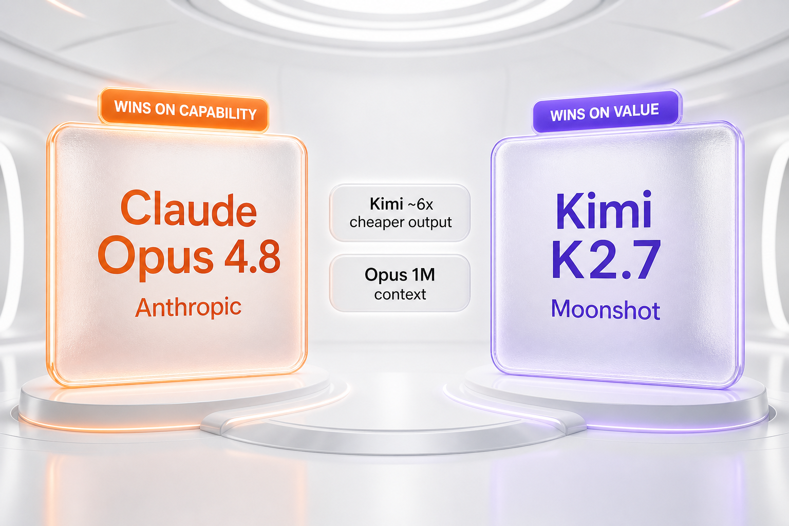 Verdict visualization — Claude Opus 4.8 wins on capability, Kimi K2.7 wins on value and openness