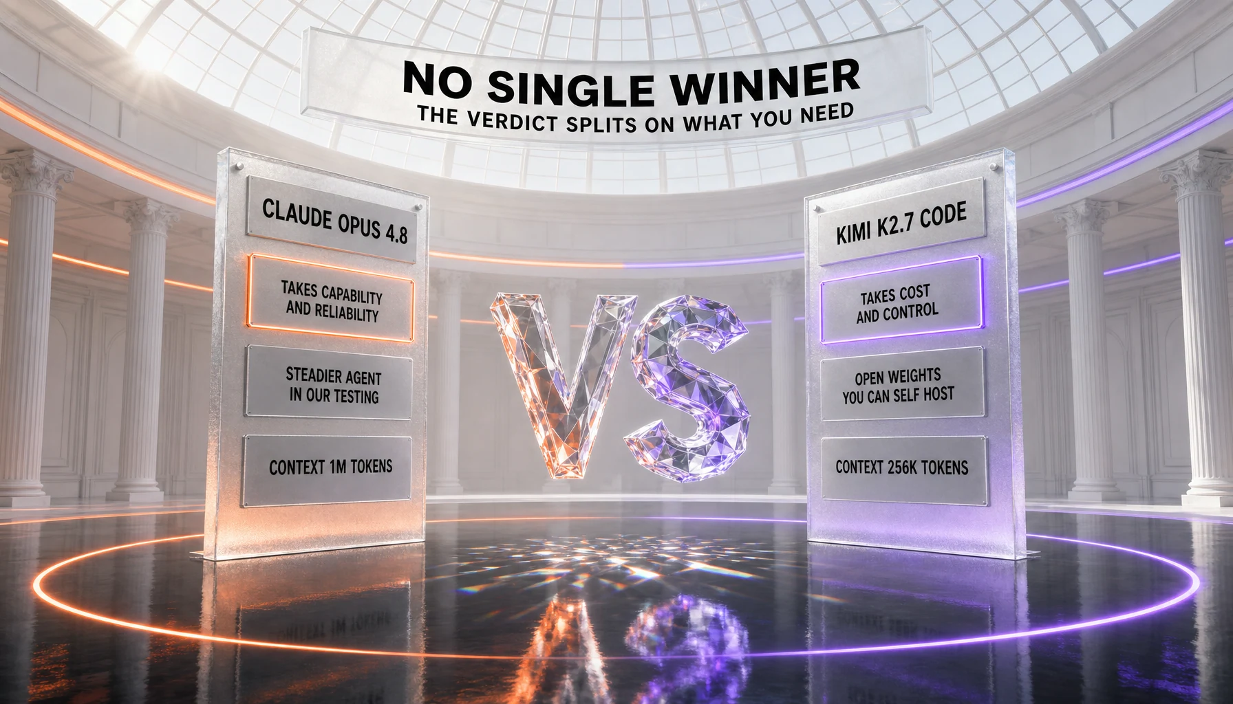 The split verdict for Claude Opus 4.8 against Kimi K2.7 Code — Opus 4.8 takes capability and reliability, was the steadier agent in hands-on testing and carries a 1M-token context; Kimi K2.7 Code takes cost and control with open weights you can self-host and a 256K-token context