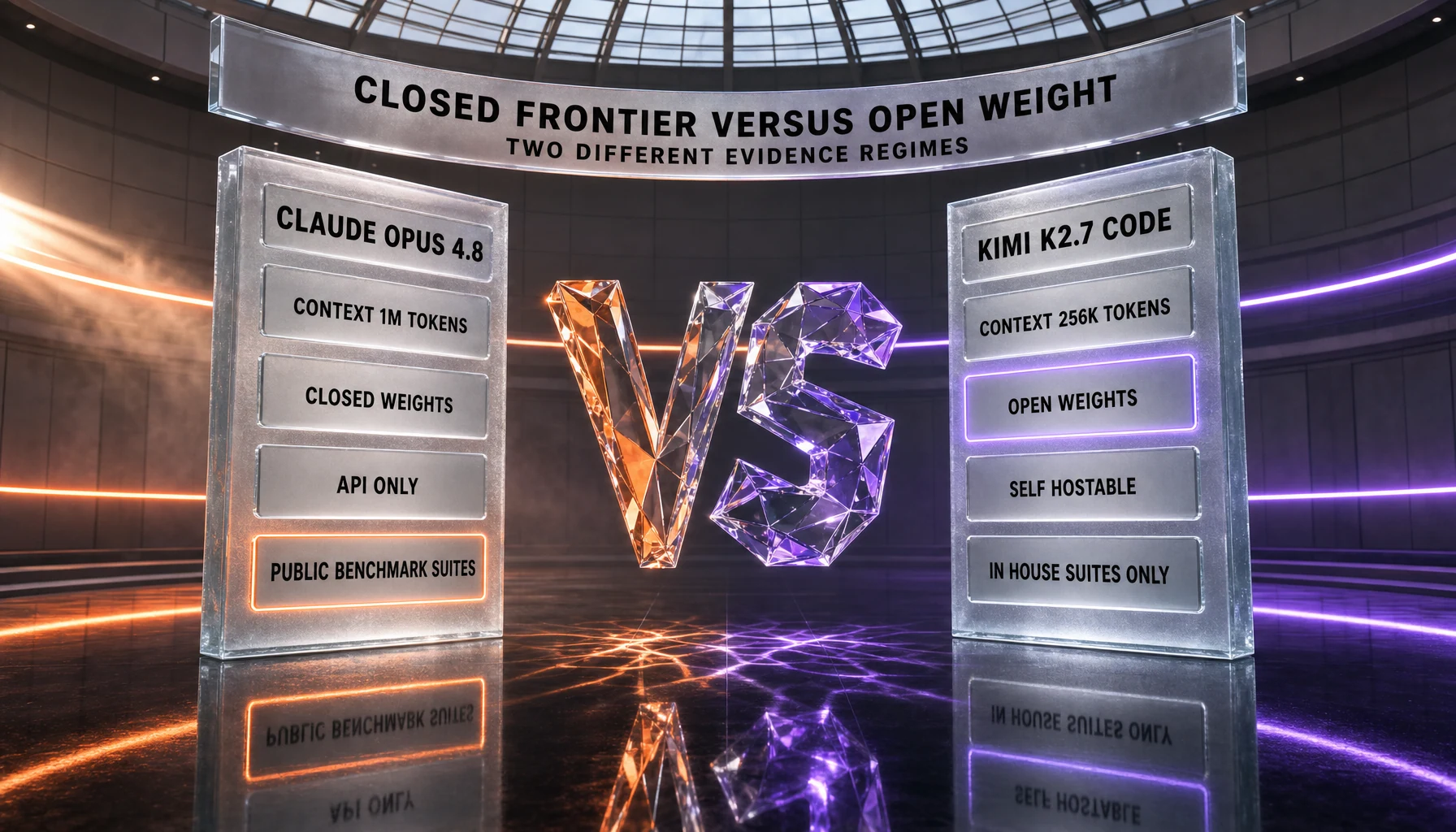 Claude Opus 4.8 versus Kimi K2.7 Code — a closed frontier model with a 1M-token context, closed weights and results on public benchmark suites, against an open-weight challenger with a 256K-token context, downloadable self-hostable weights and in-house vendor suites only