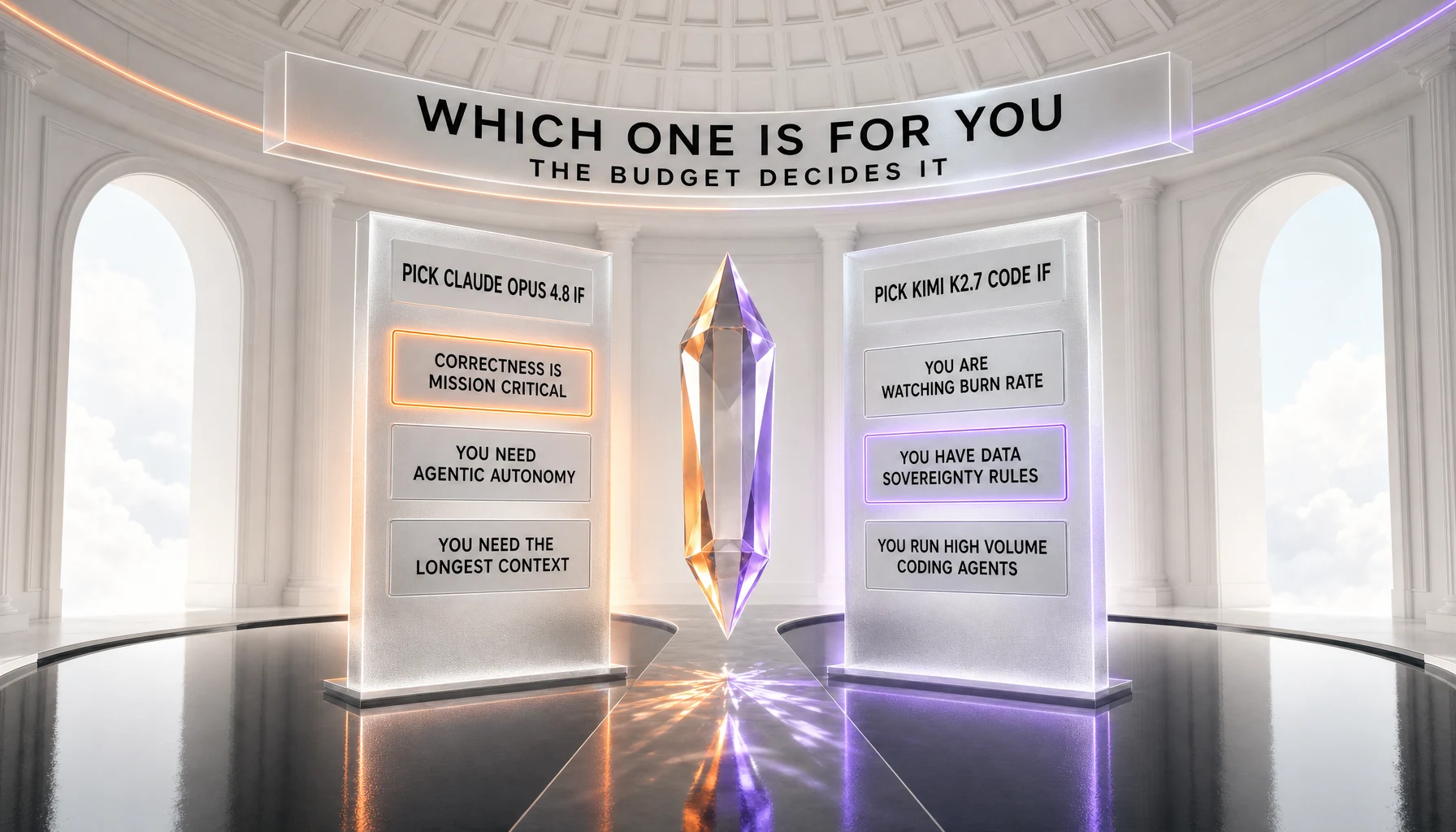 Which model to pick between Claude Opus 4.8 and Kimi K2.7 Code — choose Opus 4.8 if correctness is mission-critical, you need agentic autonomy, or you need the longest context window; choose Kimi K2.7 Code if you are watching burn rate, you have data-sovereignty rules, or you run high-volume coding agents