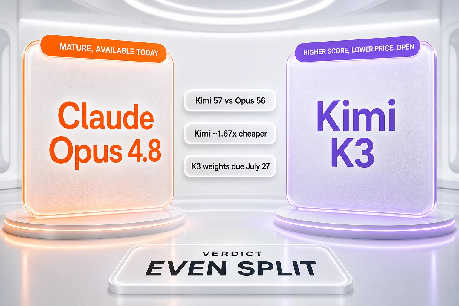 Verdict visualization — Kimi K3 wins the paper metrics while Claude Opus 4.8 wins on maturity and availability, an even split