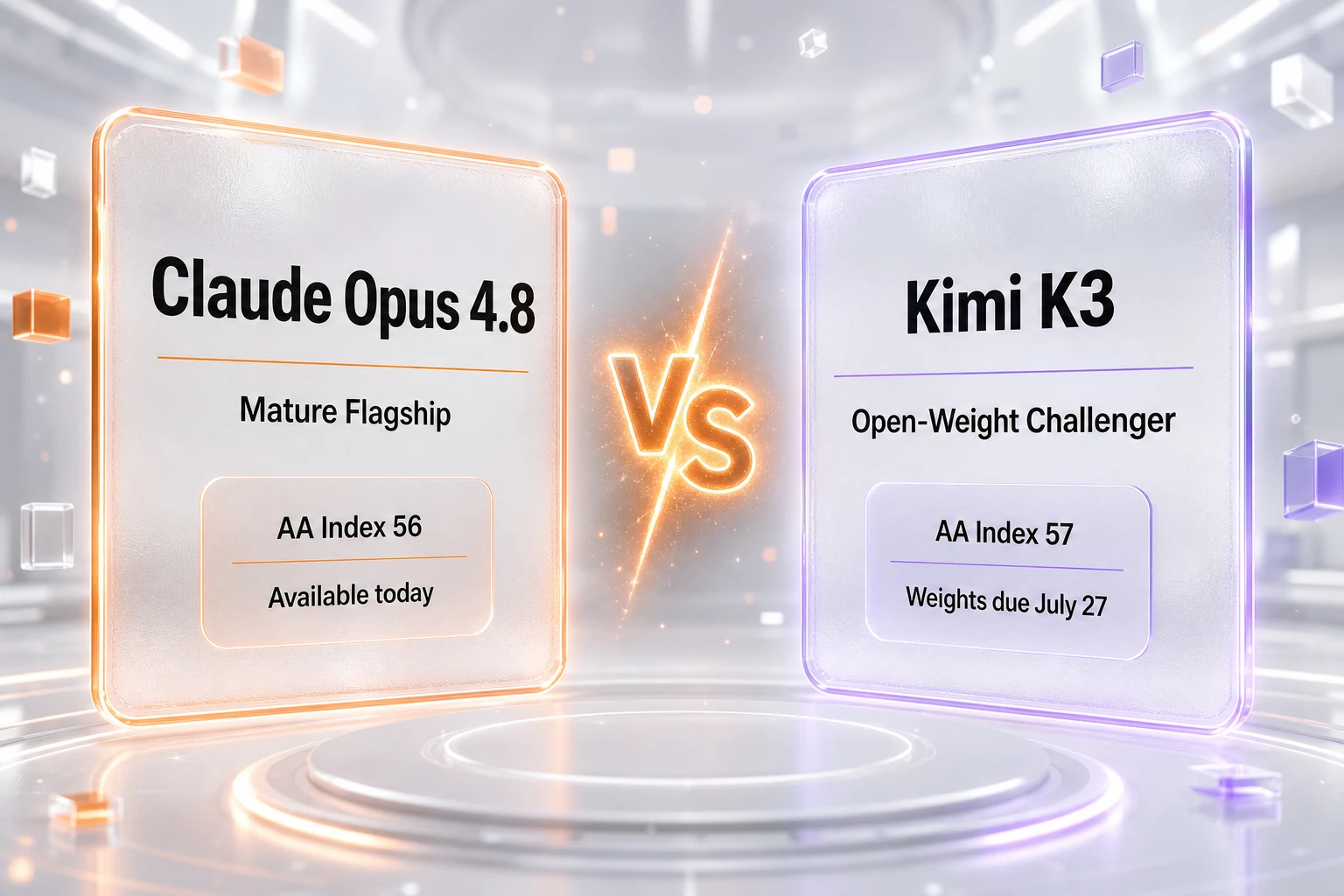 Claude Opus 4.8 versus Kimi K3 head-to-head — mature closed flagship against a higher-scoring open-weight challenger whose weights are still pending