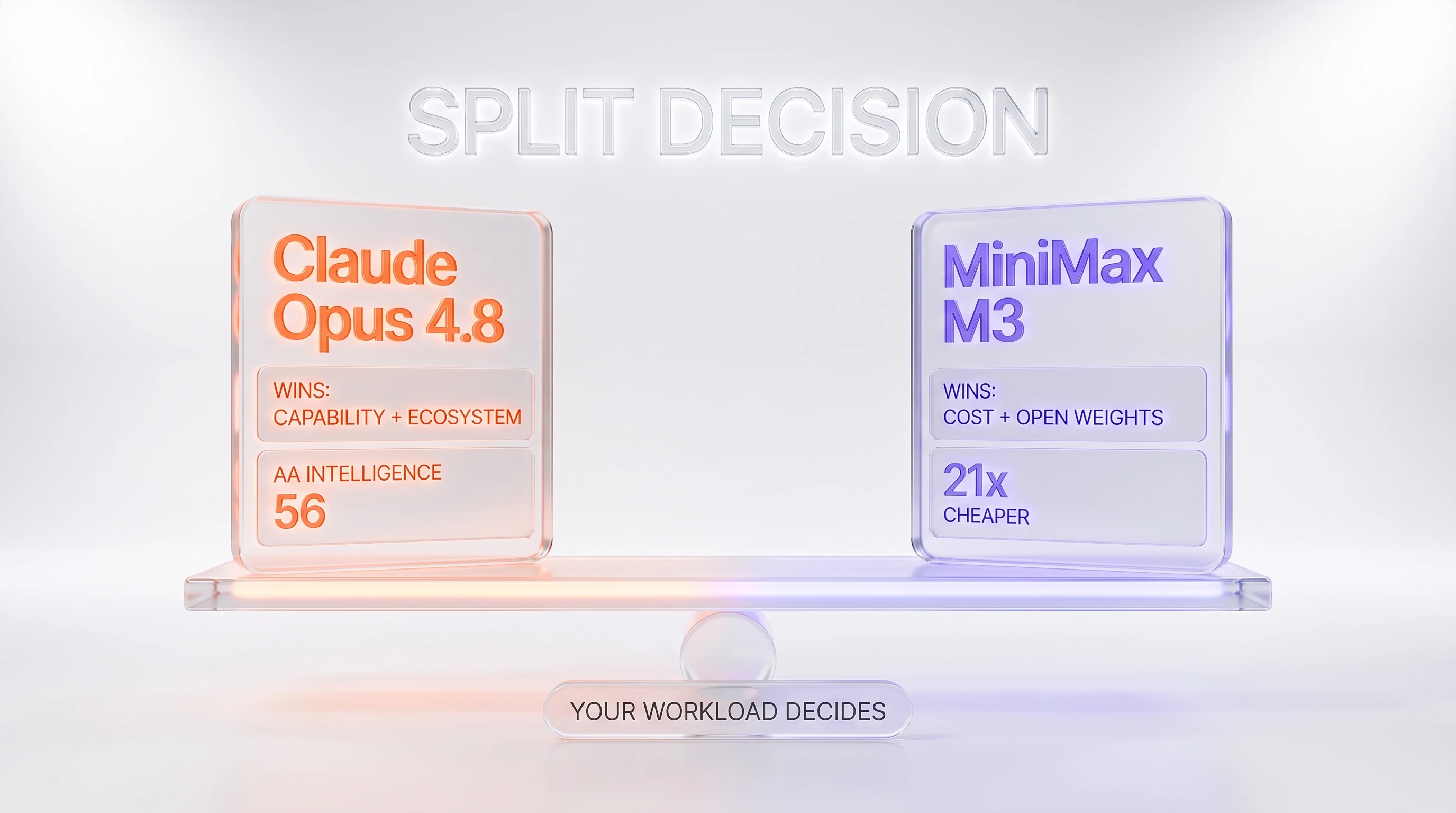 Split-decision verdict scoreboard for Claude Opus 4.8 and MiniMax M3, with each model winning its own axis — capability and ecosystem for Opus 4.8, cost and openness for MiniMax M3