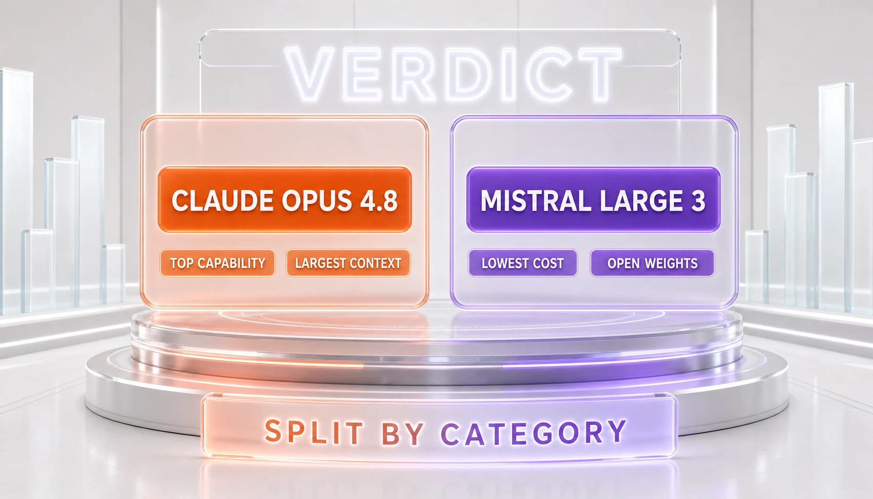 Verdict chart — Claude Opus 4.8 wins capability and context window, Mistral Large 3 wins cost, open weights, and EU sovereignty, split by category