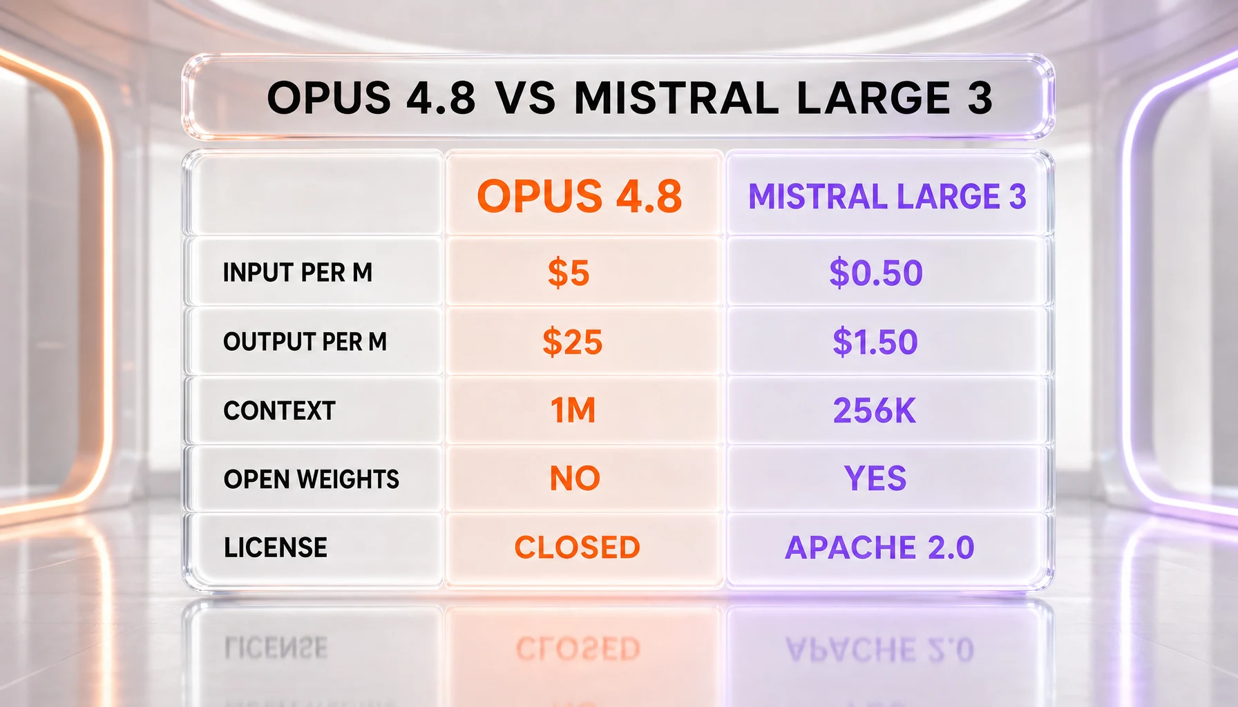 Comparison table — Claude Opus 4.8 vs Mistral Large 3 across input and output pricing, context window, open weights, and license, with verified cells highlighted