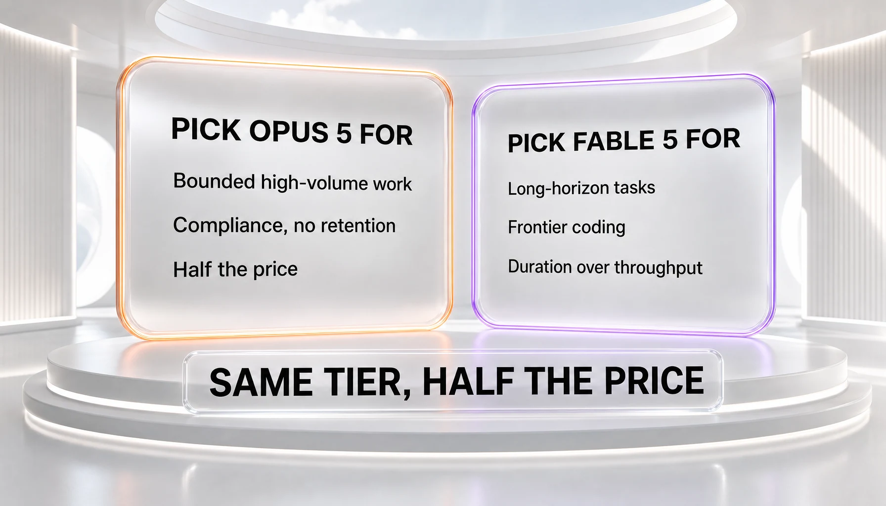 Claude Opus 5 vs Claude Fable 5 verdict — Opus 5 for bounded high-volume work and compliance, Fable 5 for long-horizon tasks and frontier coding