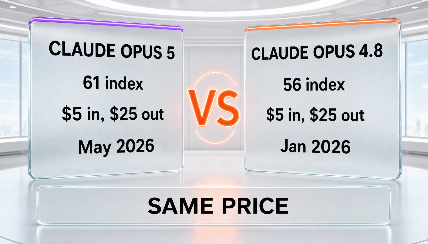 Claude Opus 5 vs Claude Opus 4.8 — the same price, five index points apart, compared side-by-side by ThePlanetTools.ai