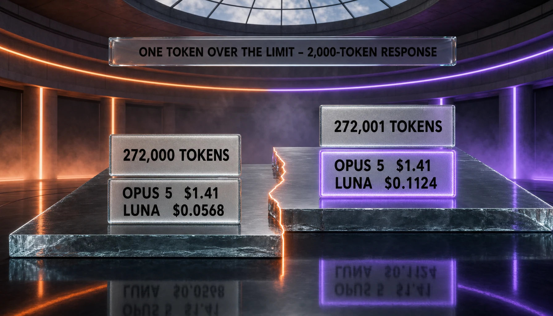 Cost of one request at 272,000 then 272,001 input tokens with 2,000 output tokens: Claude Opus 5's total does not move while GPT-5.6 Luna's just under doubles