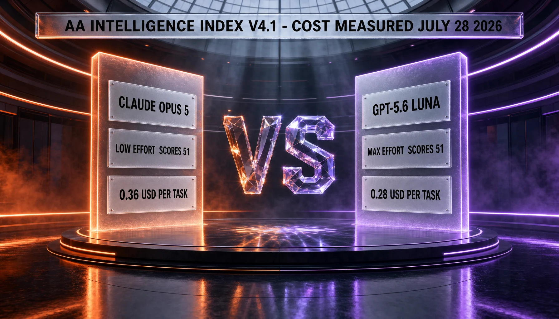 Claude Opus 5 at low effort and GPT-5.6 Luna at max effort both scoring 51 on the Artificial Analysis Intelligence Index v4.1, with cost per task measured July 28, 2026