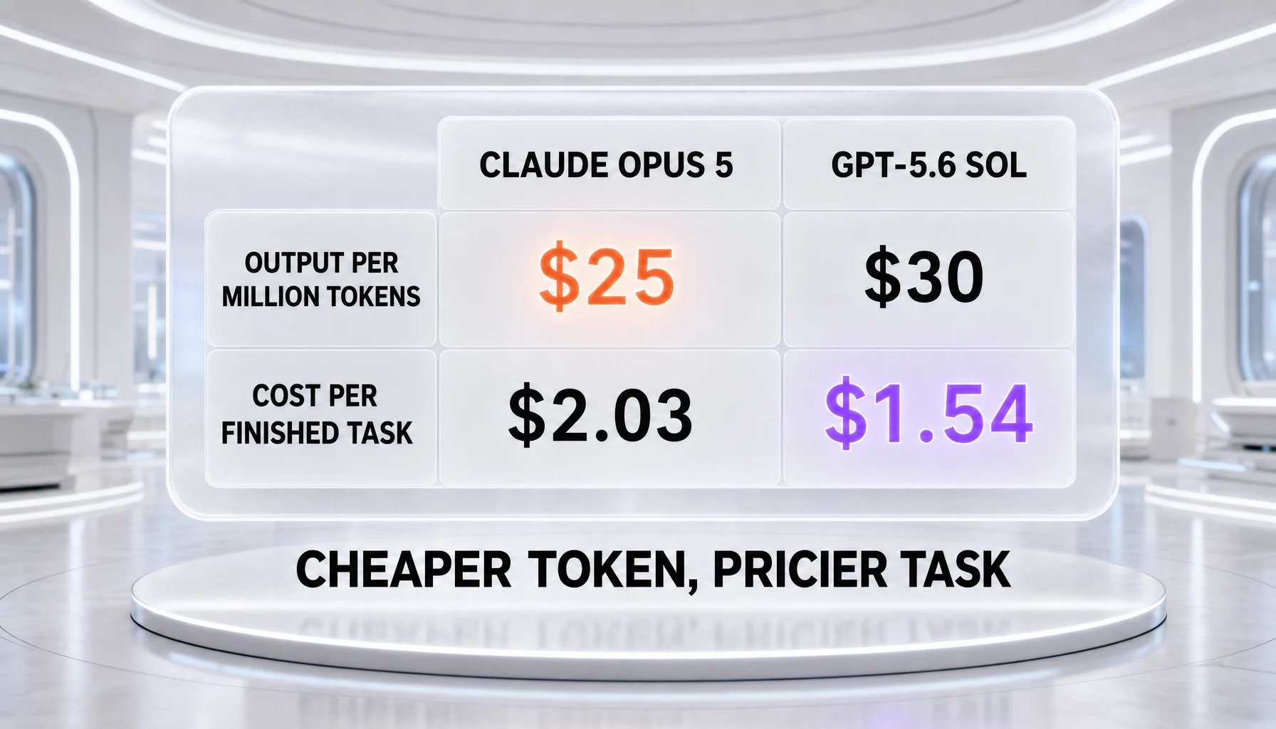 Claude Opus 5 vs GPT-5.6 Sol — output token price of 25 against 30 dollars, but cost per task of 2.03 against 1.54 dollars, showing the price inversion