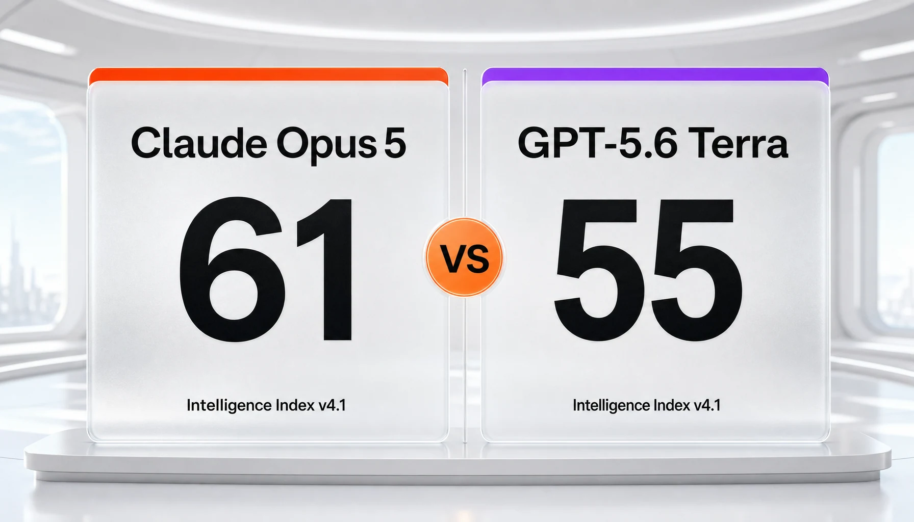Claude Opus 5 vs GPT-5.6 Terra — frontier tier against balanced tier, independent Intelligence Index scores and cost per task compared side-by-side by ThePlanetTools