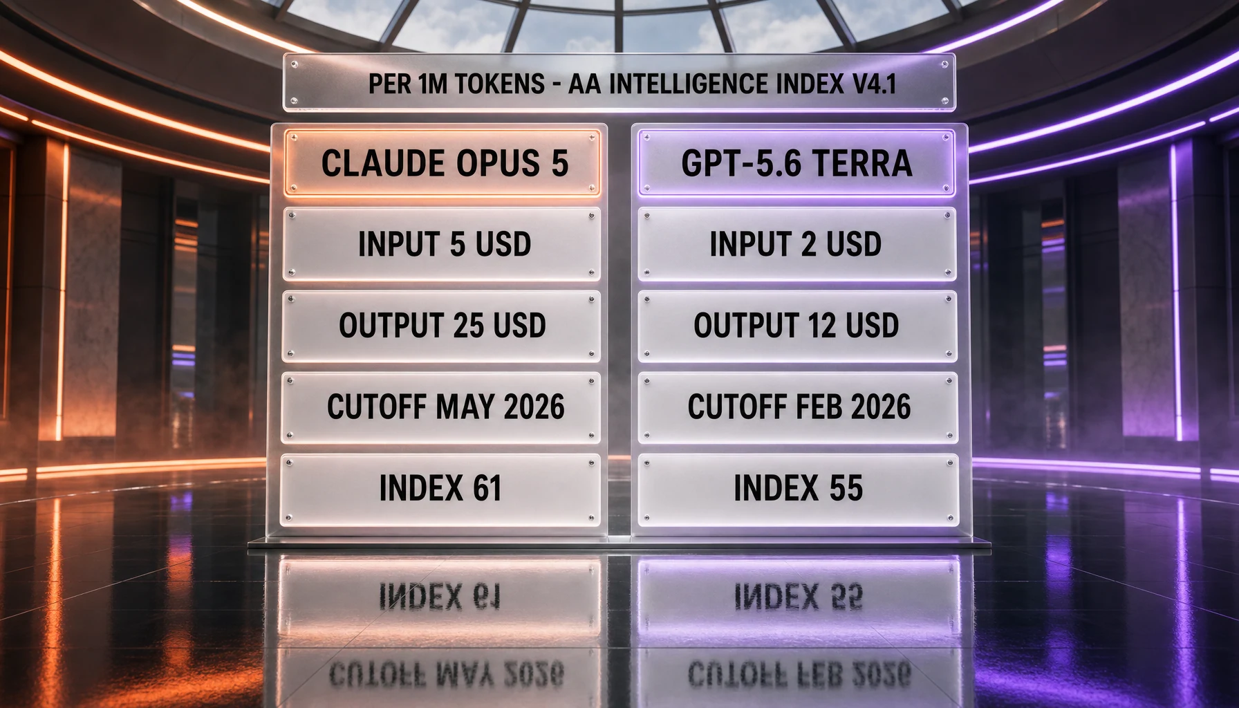 Feature comparison for Claude Opus 5 and GPT-5.6 Terra: input and output price per million tokens, knowledge cutoff and Intelligence Index v4.1 score at max effort