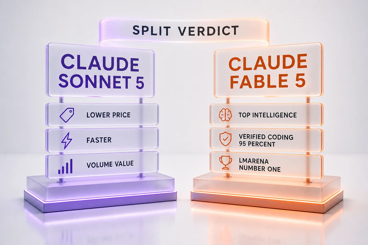 Split verdict: Claude Sonnet 5 wins on lower price, faster speed, and volume value; Claude Fable 5 wins on higher measured intelligence, 95 percent verified coding, and the stronger LMArena showing