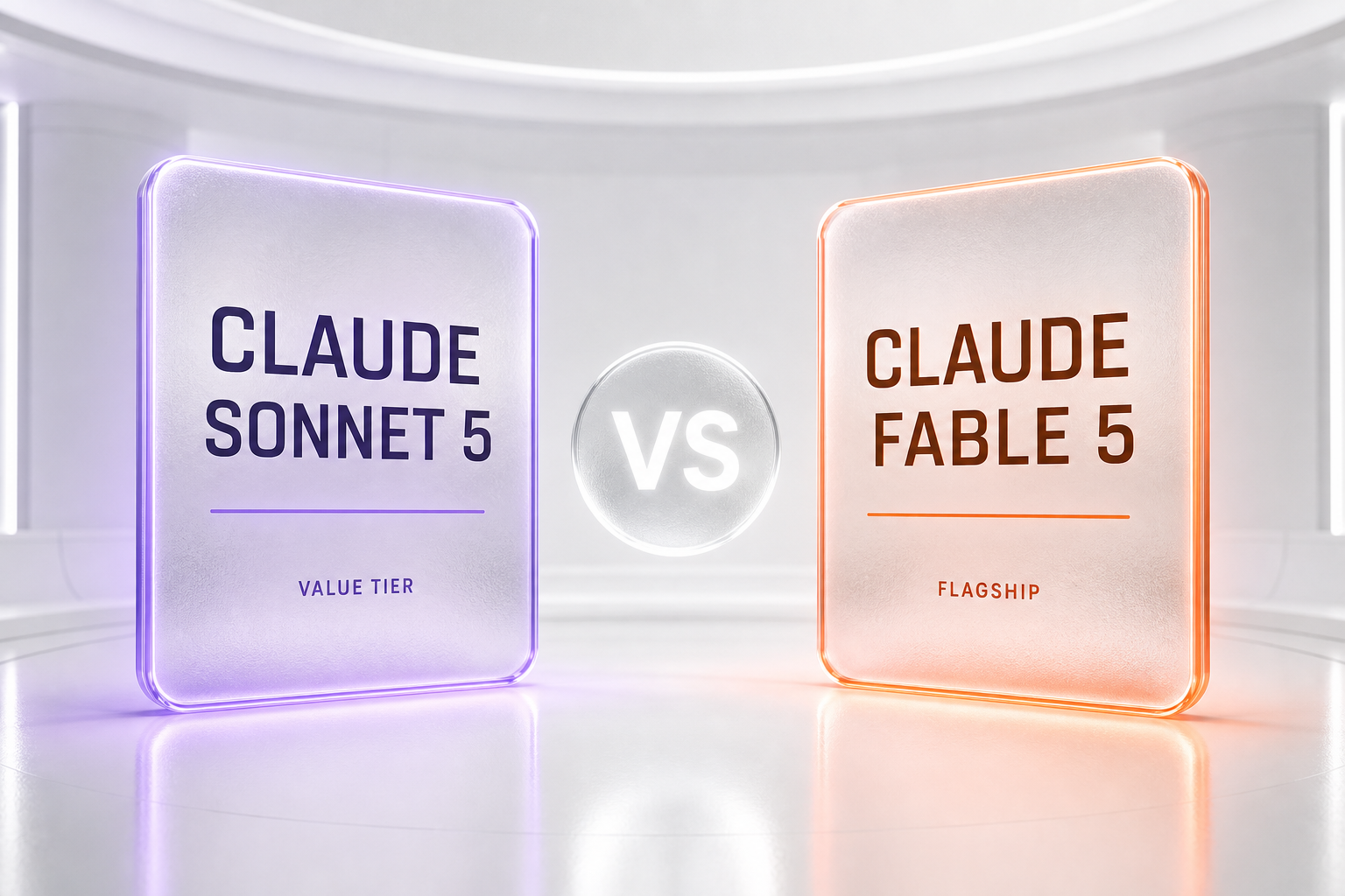 Claude Sonnet 5 versus Claude Fable 5 shown as two glassmorphism cards facing off, Anthropic value tier against its flagship