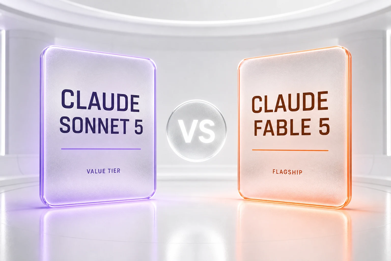 Claude Sonnet 5 versus Claude Fable 5 shown as two glassmorphism cards facing off, Anthropic value tier against its flagship