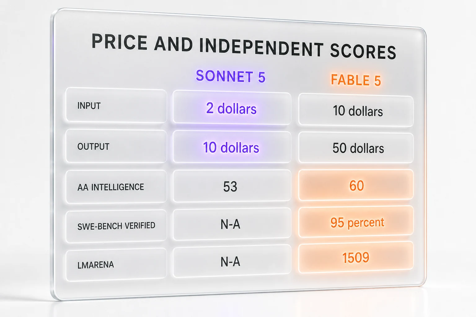 Price and independent scores compared: Claude Sonnet 5 at 2 dollars input versus Claude Fable 5 at 10 dollars input, with Fable leading on Artificial Analysis Intelligence, SWE-bench Verified, and LMArena