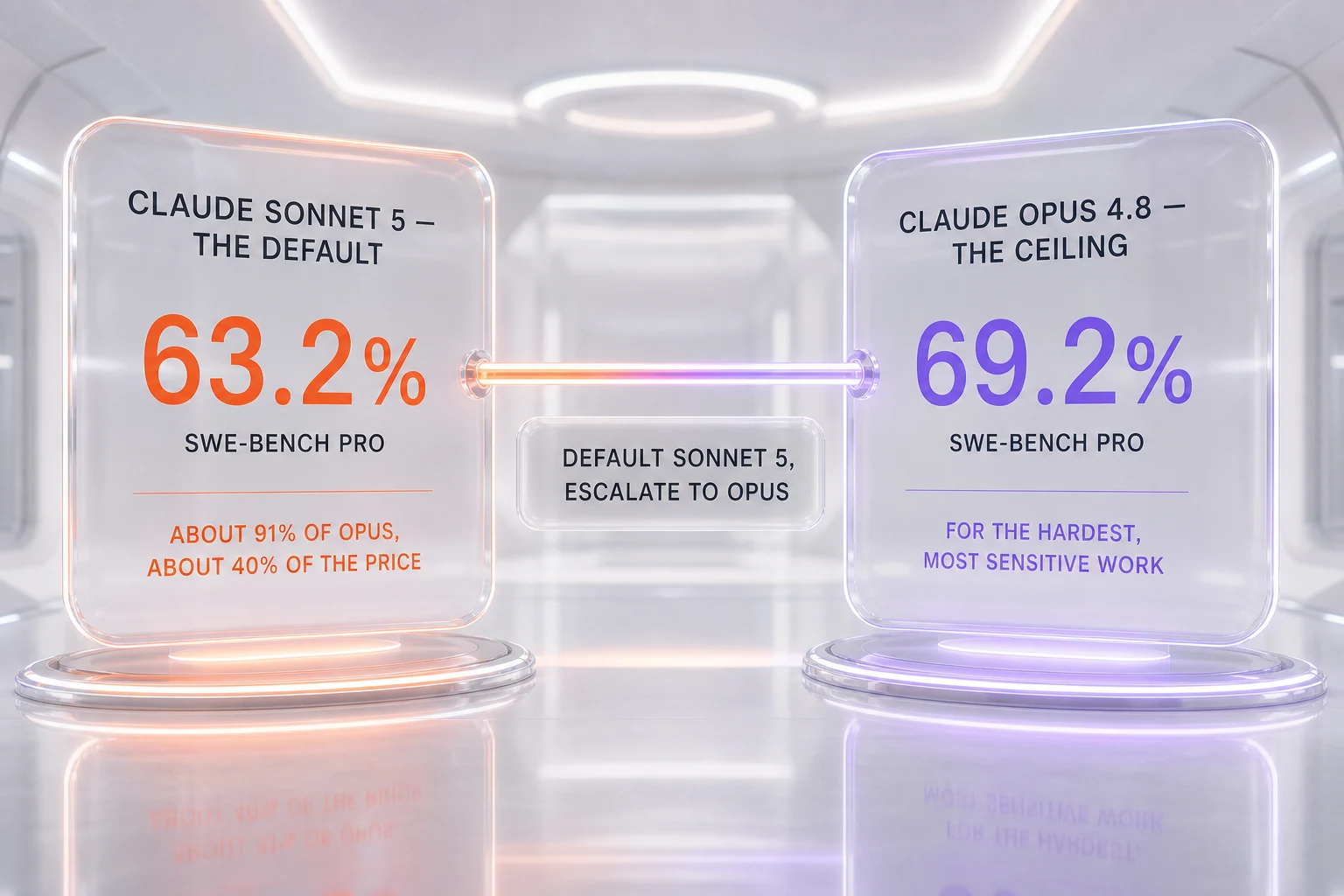 Claude Sonnet 5 vs Claude Opus 4.8 verdict — default to Sonnet 5 at 63.2% and lower cost, escalate to Opus 4.8 at 69.2% for the hardest and most sensitive work