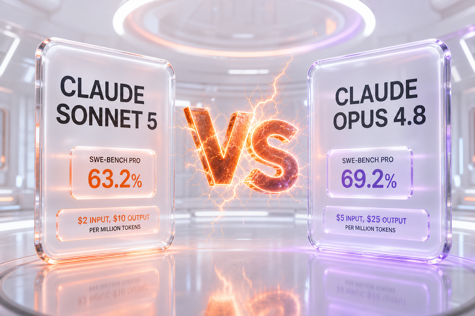 Claude Sonnet 5 vs Claude Opus 4.8 — SWE-bench Pro 63.2% vs 69.2% and pricing per million tokens, side-by-side comparison by ThePlanetTools