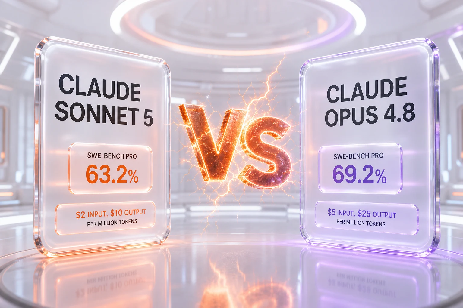Claude Sonnet 5 vs Claude Opus 4.8 — SWE-bench Pro 63.2% vs 69.2% and pricing per million tokens, side-by-side comparison by ThePlanetTools