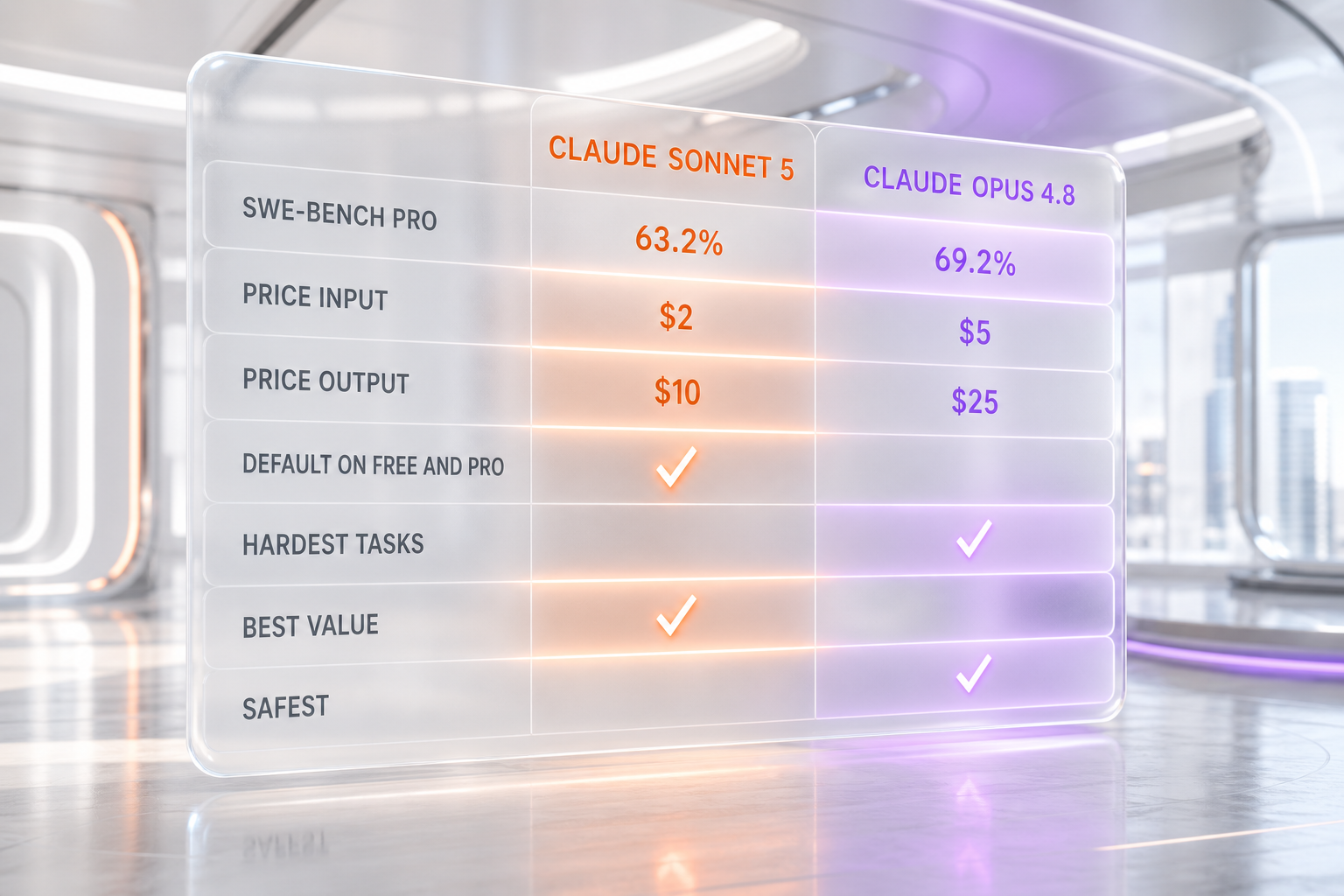 Claude Sonnet 5 vs Claude Opus 4.8 feature comparison — SWE-bench Pro 63.2% vs 69.2%, pricing per million tokens, and category winners