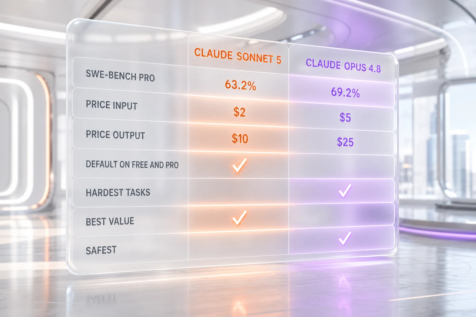 Claude Sonnet 5 vs Claude Opus 4.8 feature comparison — SWE-bench Pro 63.2% vs 69.2%, pricing per million tokens, and category winners