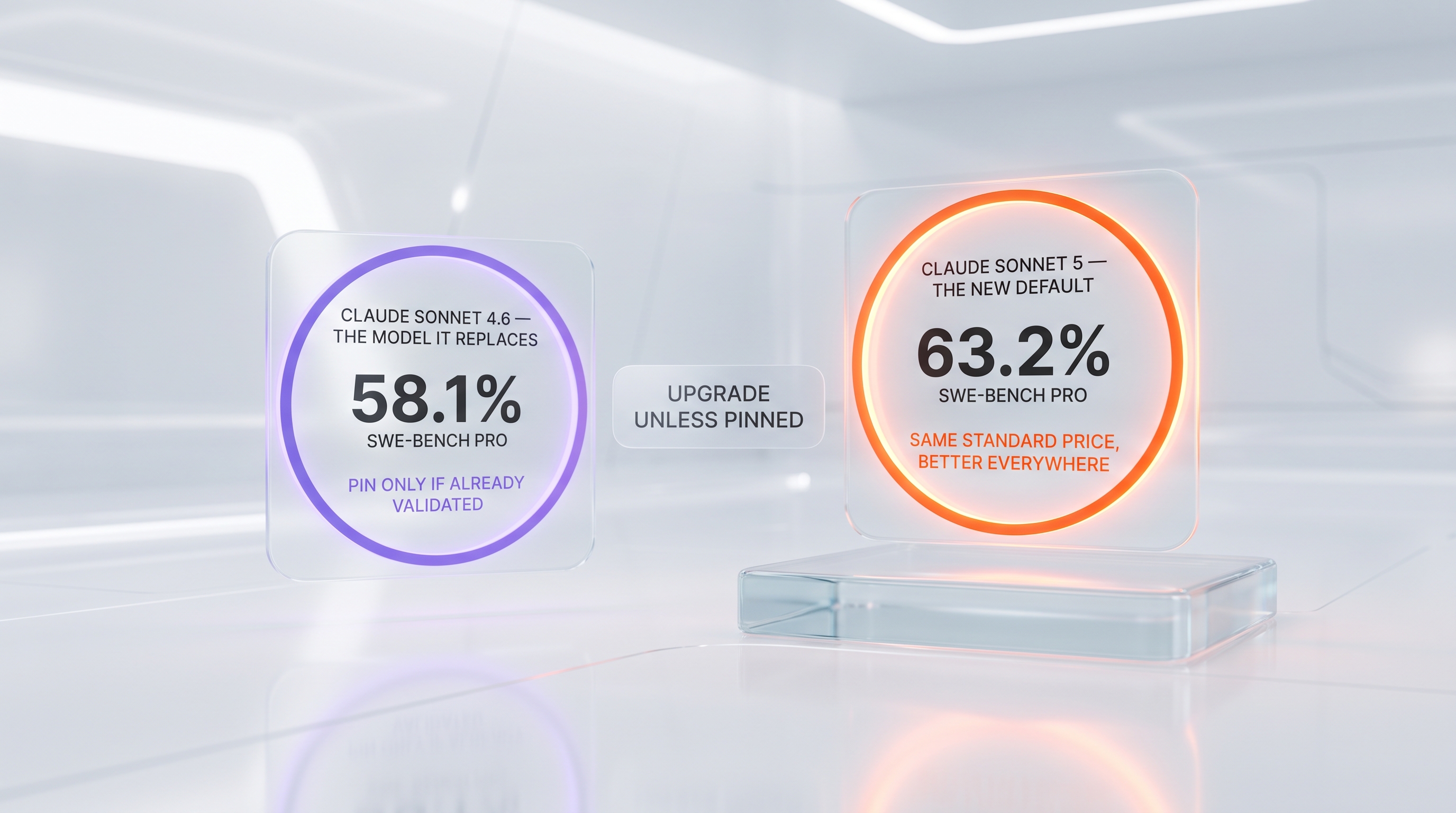 Claude Sonnet 5 vs Claude Sonnet 4.6 verdict — upgrade to Sonnet 5 at 63.2% for the same standard price, stay on 4.6 only if your deployment is pinned