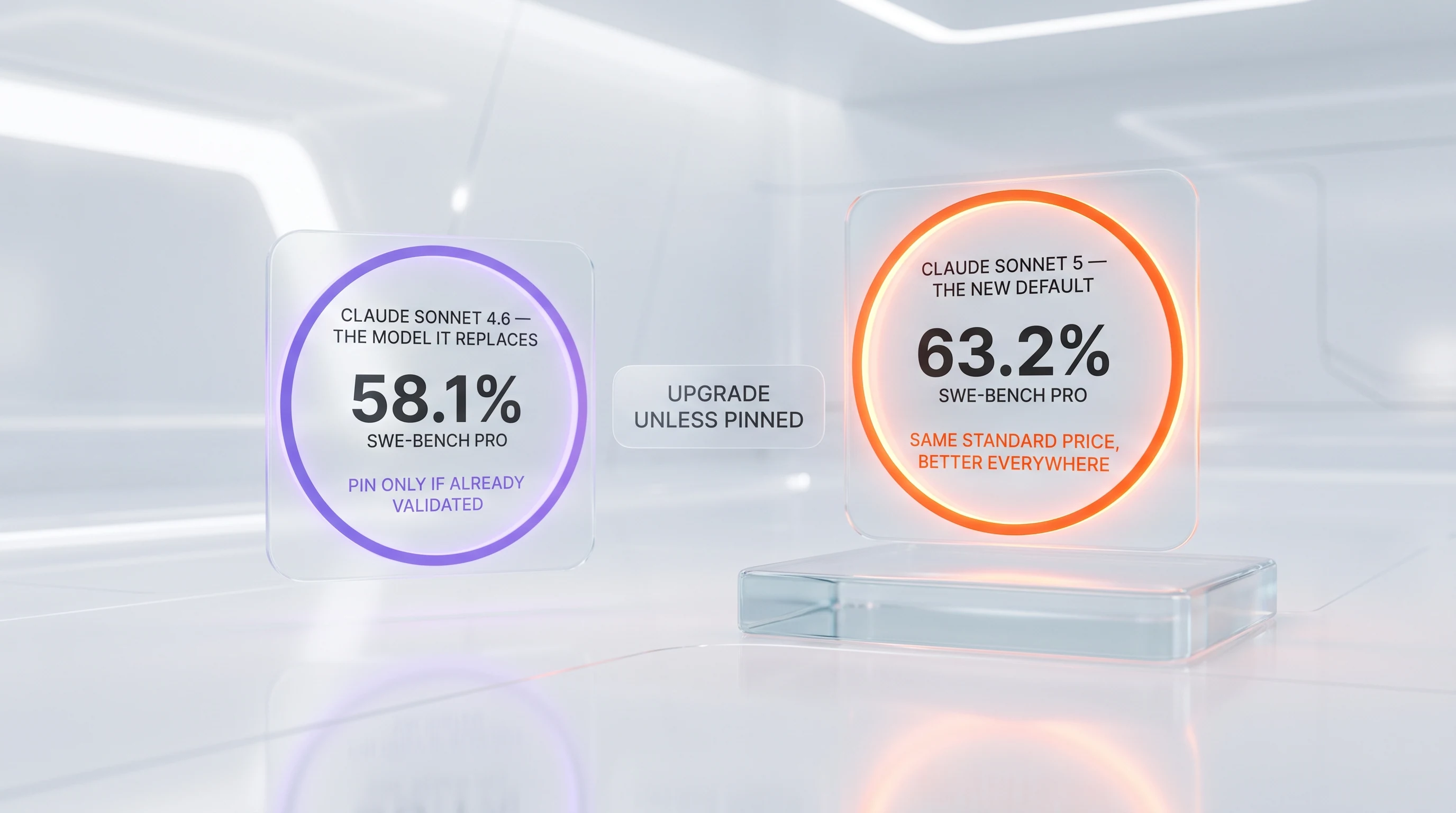 Claude Sonnet 5 vs Claude Sonnet 4.6 verdict — upgrade to Sonnet 5 at 63.2% for the same standard price, stay on 4.6 only if your deployment is pinned