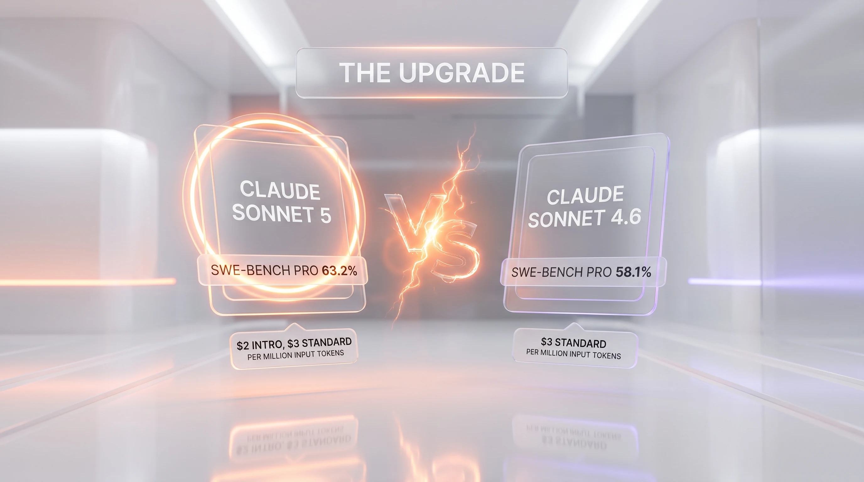 Claude Sonnet 5 vs Claude Sonnet 4.6 — SWE-bench Pro 63.2% vs 58.1% and pricing per million tokens, side-by-side upgrade comparison by ThePlanetTools