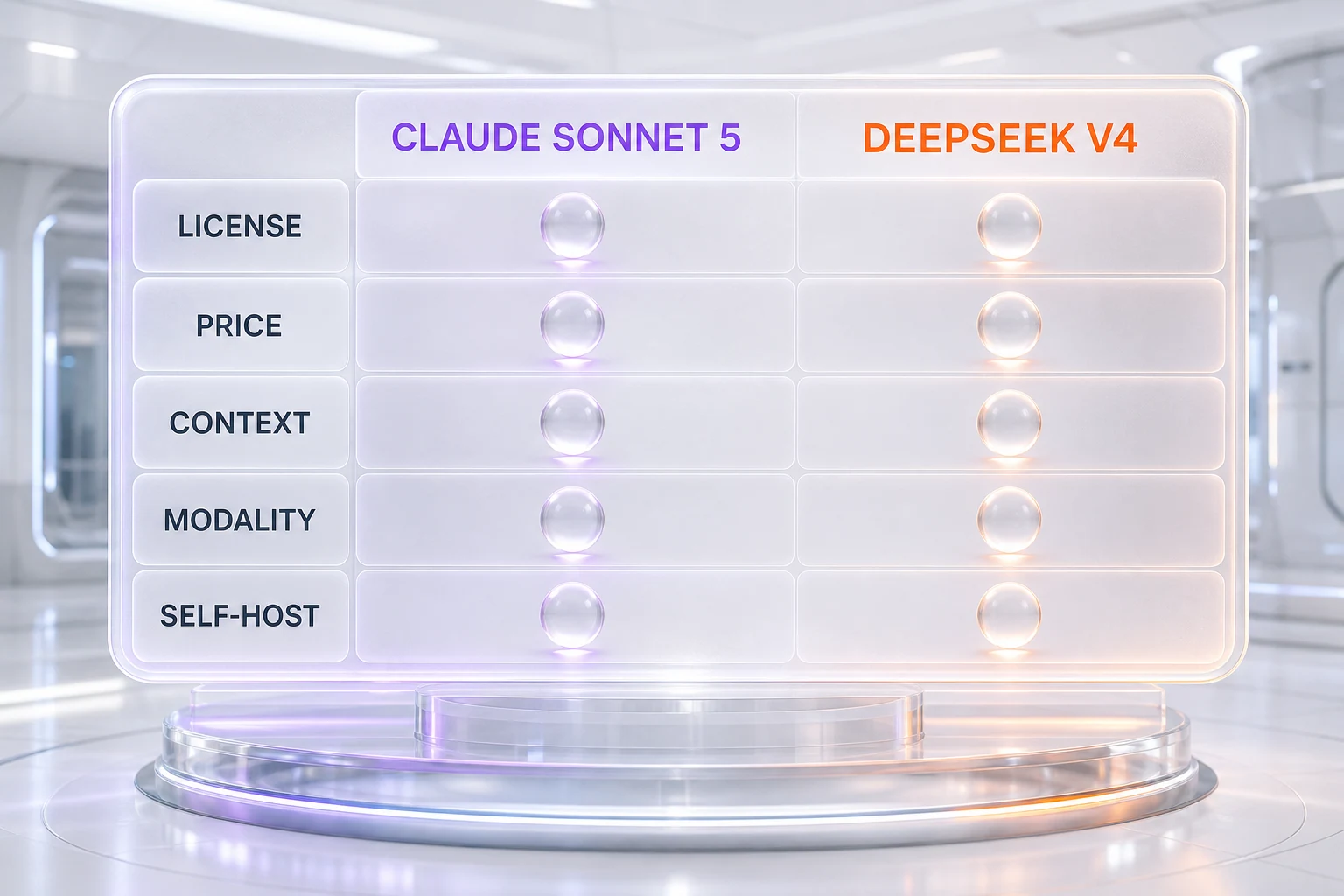 Infographic comparing Claude Sonnet 5 and DeepSeek V4 on license, price, context, computer use, and modality
