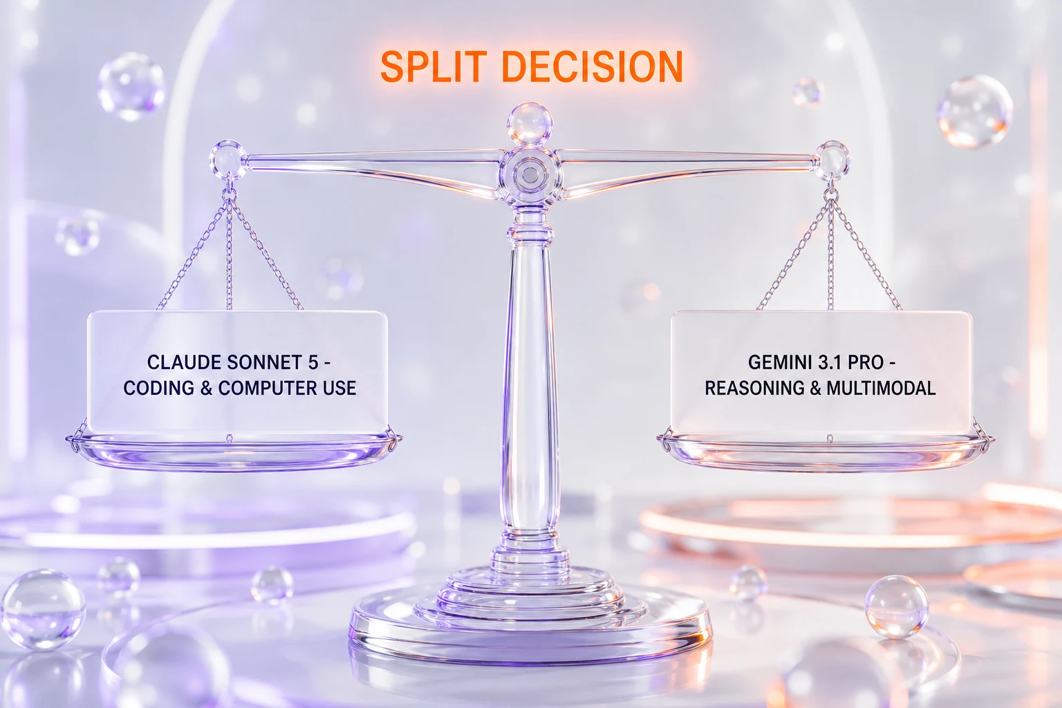 Claude Sonnet 5 vs Gemini 3.1 Pro verdict illustration — a balanced split showing Sonnet 5 leading on coding and computer use while Gemini 3.1 Pro leads on reasoning and multimodality