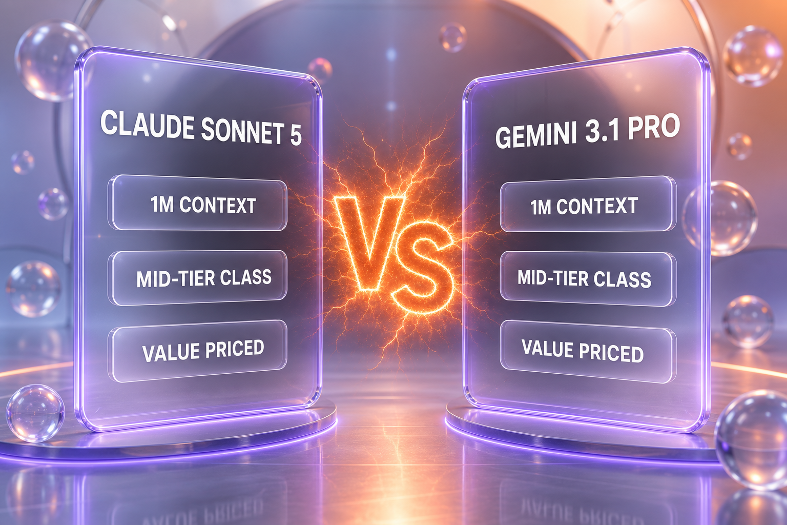 Claude Sonnet 5 vs Gemini 3.1 Pro comparison illustration — Anthropic's mid-tier coding model against Google's reasoning-and-multimodal Pro model, both with a 1M-token context window