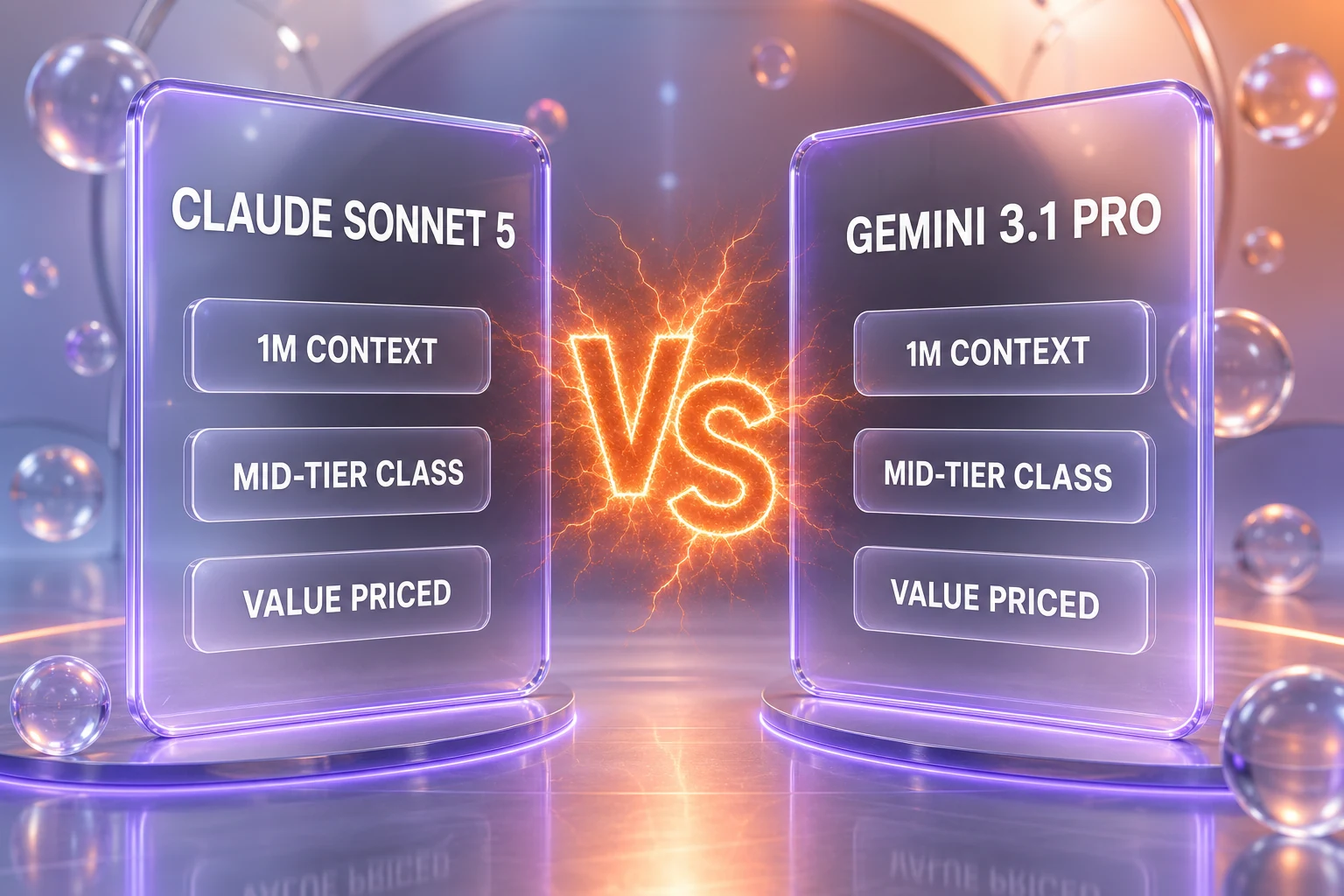Claude Sonnet 5 vs Gemini 3.1 Pro comparison illustration — Anthropic's mid-tier coding model against Google's reasoning-and-multimodal Pro model, both with a 1M-token context window