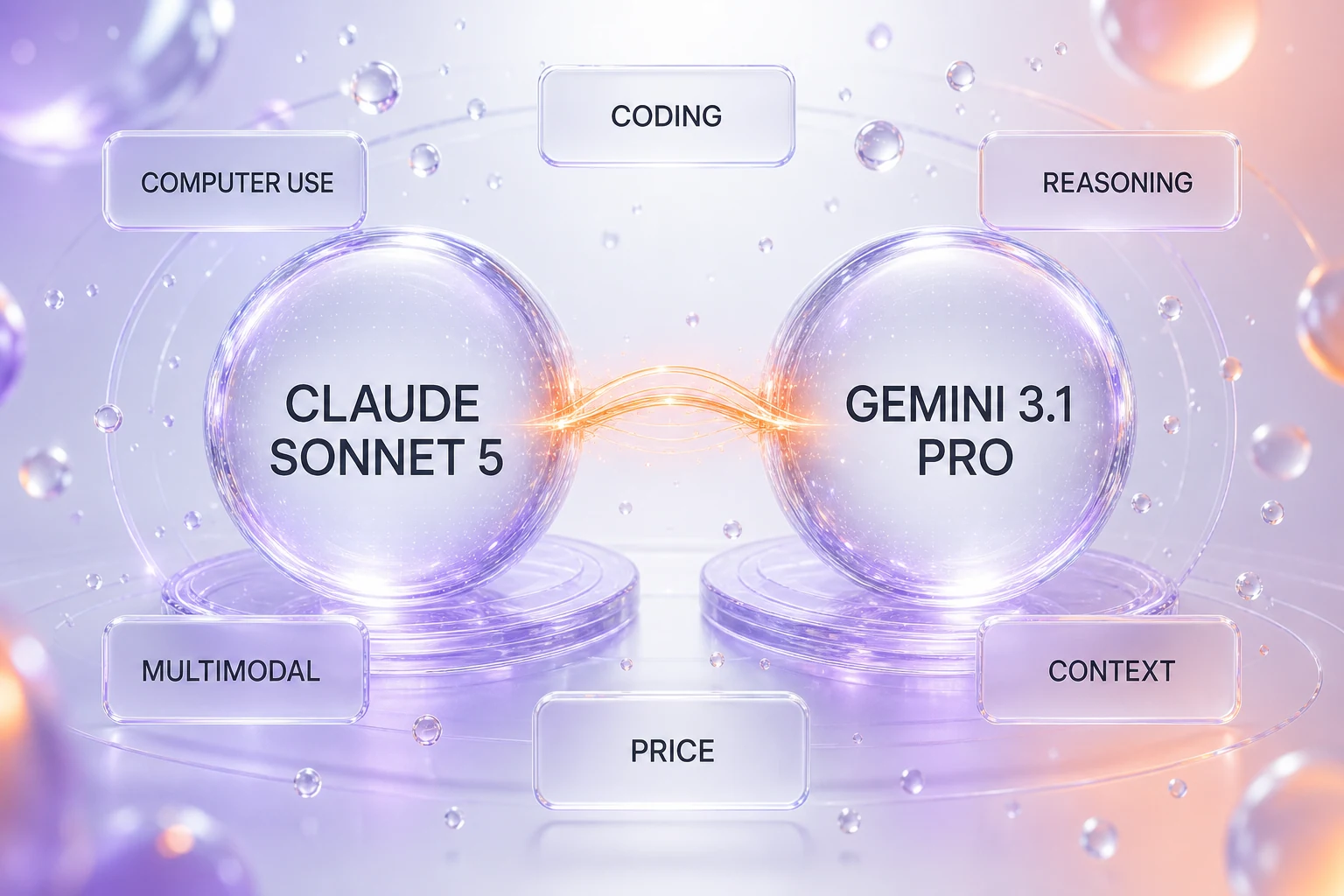 Claude Sonnet 5 versus Gemini 3.1 Pro comparison illustration — two balanced glassmorphism panels showing coding, reasoning, computer use, multimodality, price, and context dimensions