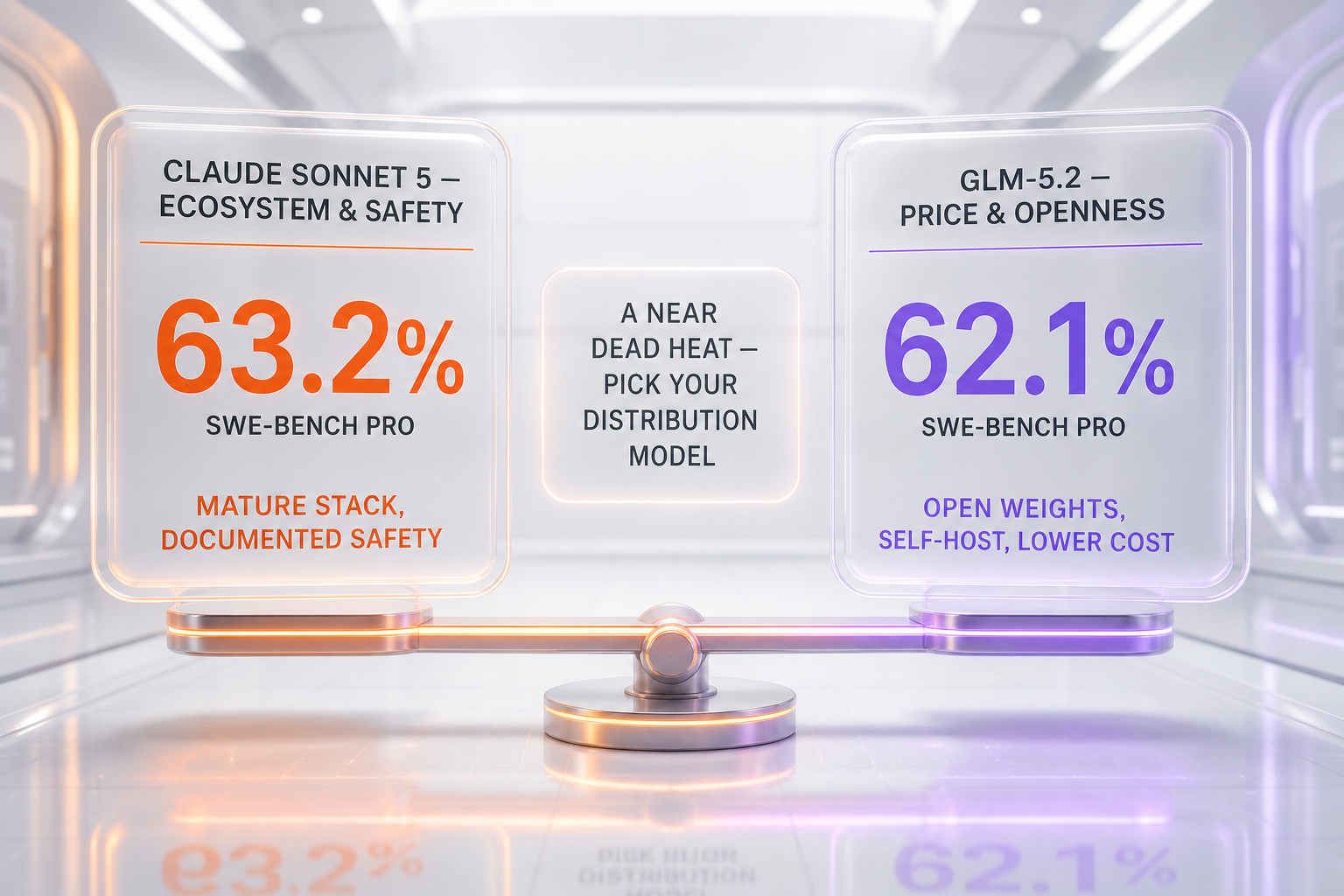 Claude Sonnet 5 vs GLM-5.2 verdict — a near dead heat on SWE-bench Pro (63.2% vs 62.1%); choose Sonnet 5 for ecosystem and safety, GLM-5.2 for price and openness